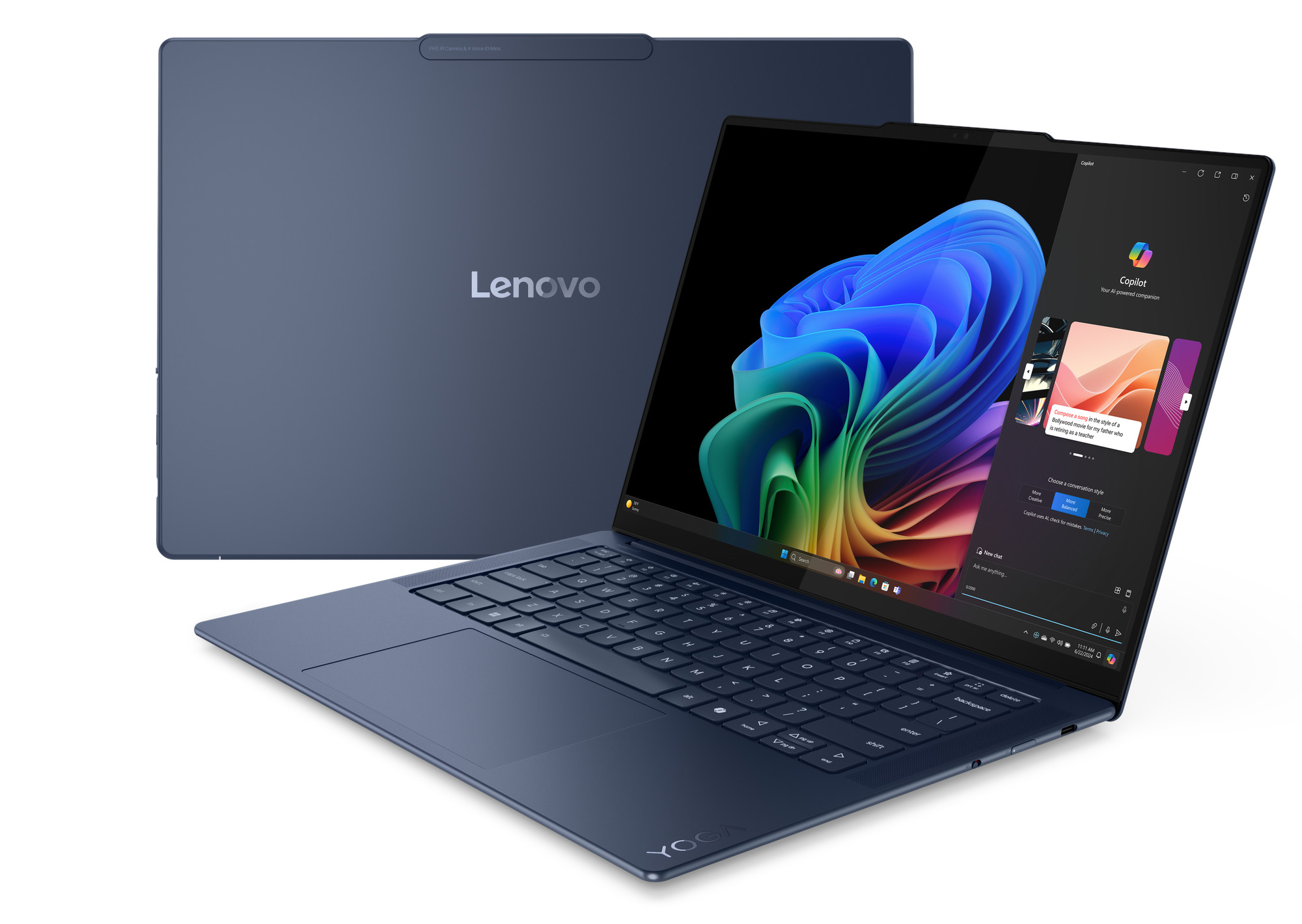 Niebieski laptop Lenovo jest otwarty, wyświetlając ekran z kolorowym abstrakcyjnym obrazem i interfejsem asystenta AI.