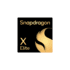 Logo Snapdragon X Elite avec symbole de flamme dorée sur fond noir.
