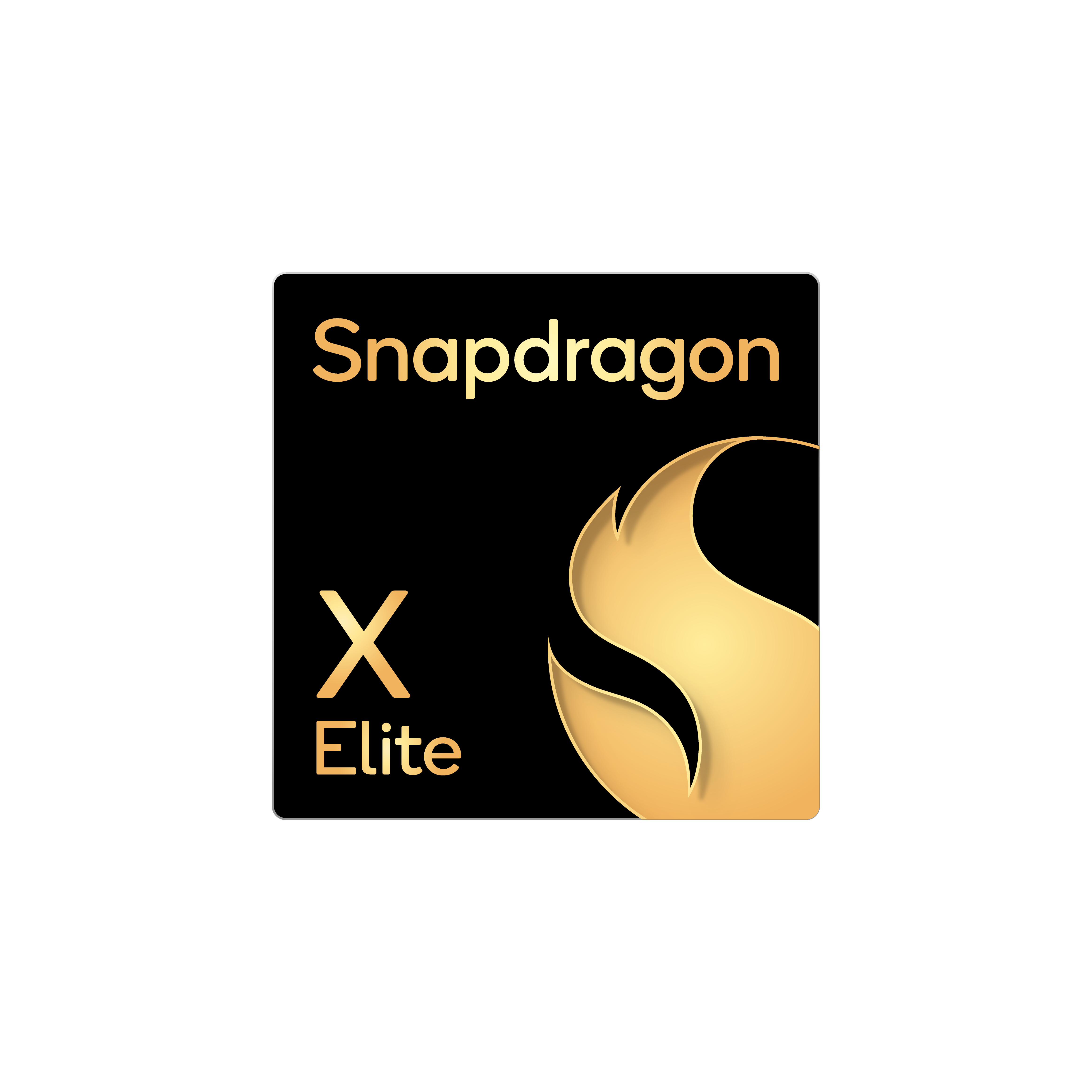 Snapdragon X Elite Logo, goldener Text und flammenartiges Icon auf schwarzem Quadrat.