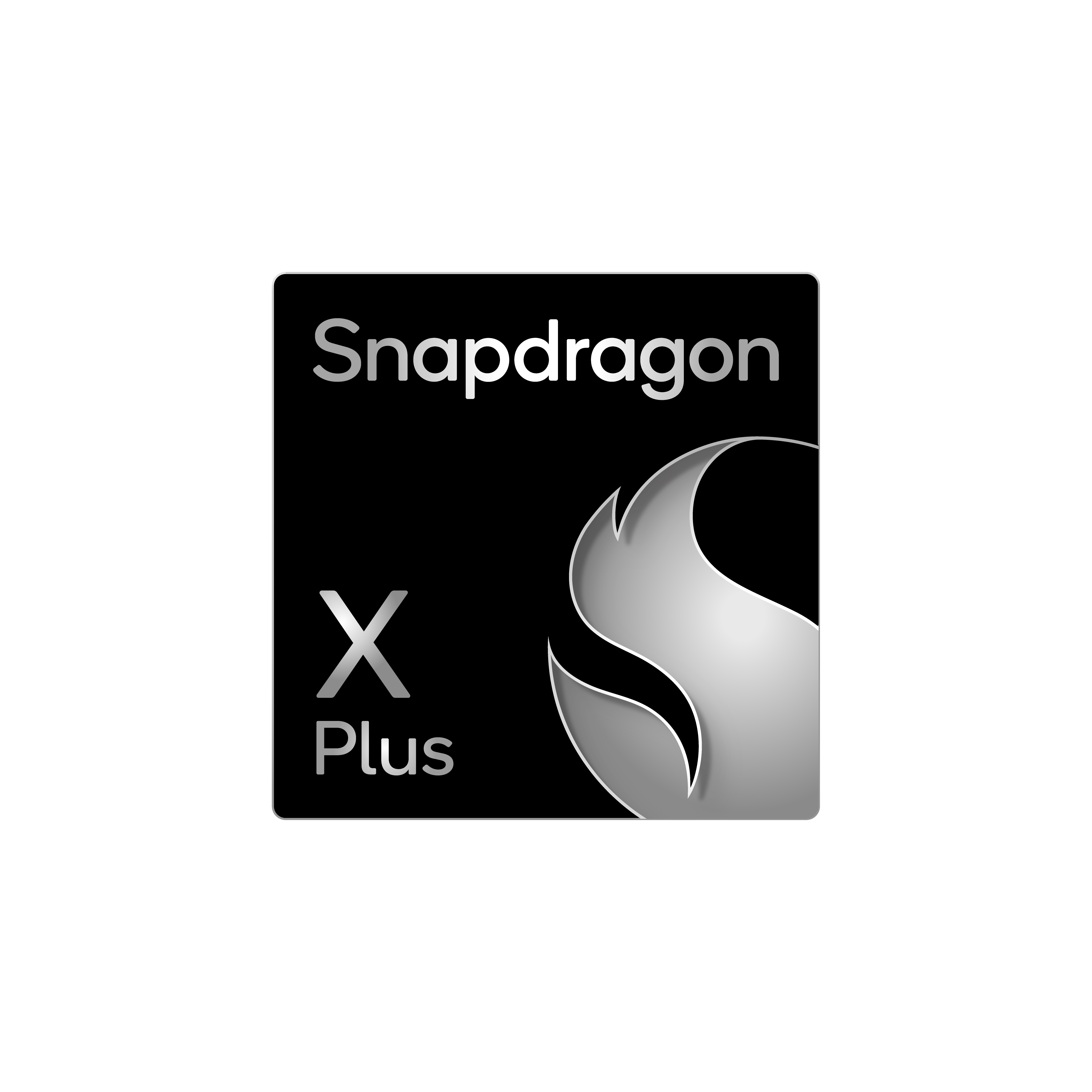 Snapdragon X Plus Logo, silberner Text und flammenartiges Icon auf schwarzem Quadrat.