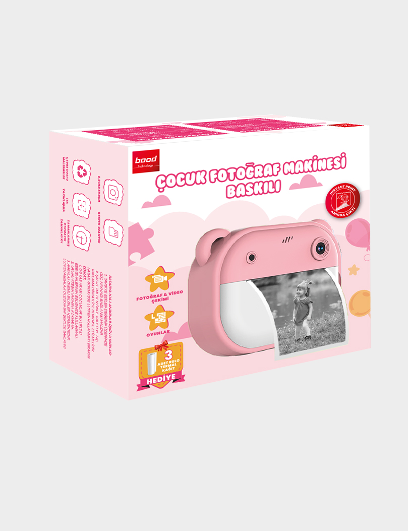 Fotoğraflı pembe anında baskı kamera. Türkçe metin ile paketlenmiş.
