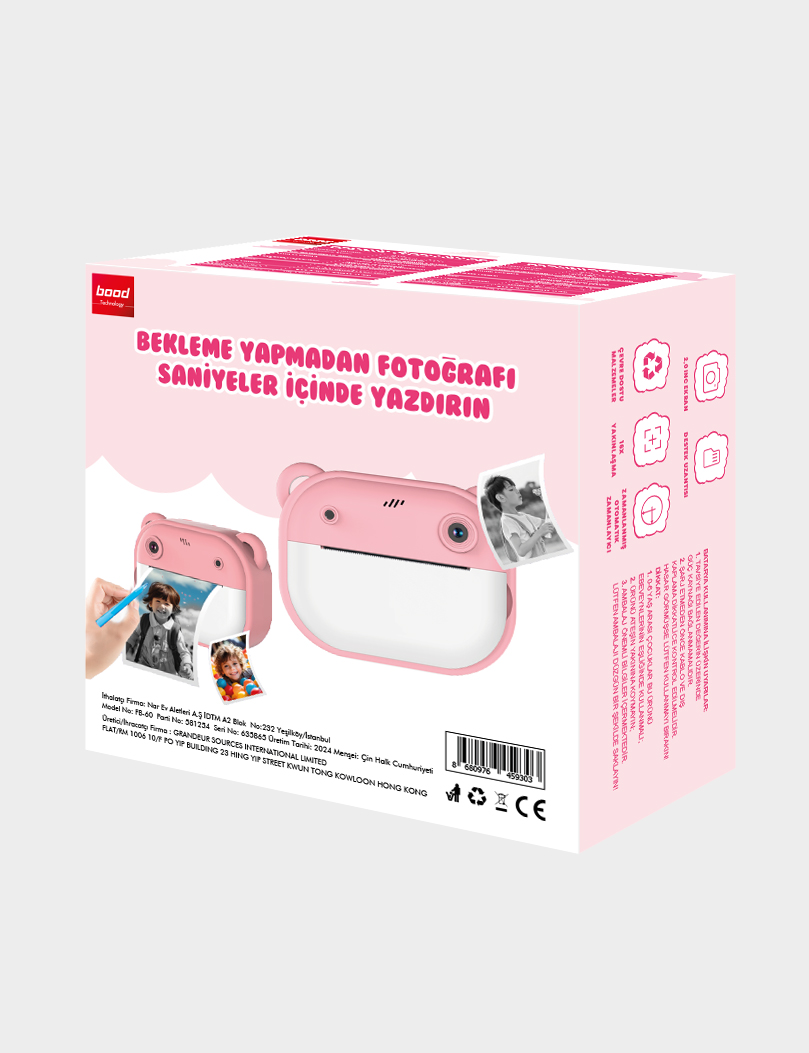 Çizgi film ayıcık tasarımına sahip pembe bir anında fotoğraf makinesi kutusu. Fotoğraf makinesini, fotoğrafları ve Türkçe metni gösterir.