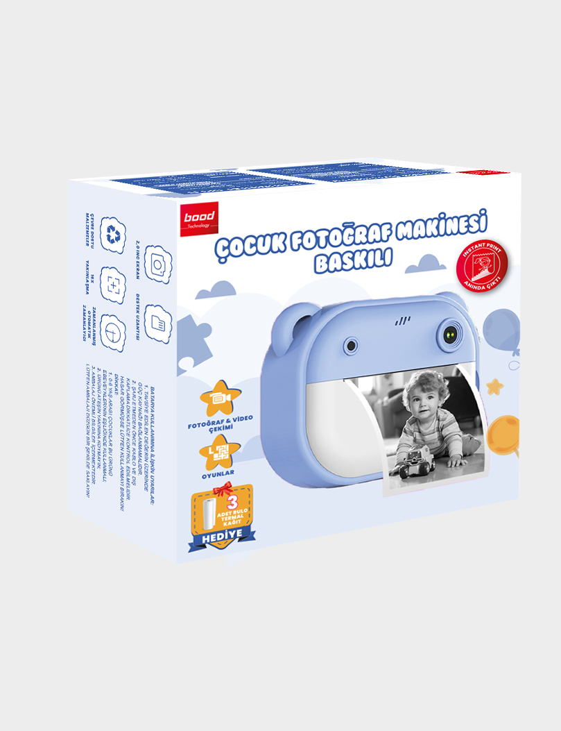 Mavi anında fotoğraf makinesi kutusu, bebek fotoğrafı ve basılı bir fotoğraf gösteriyor.