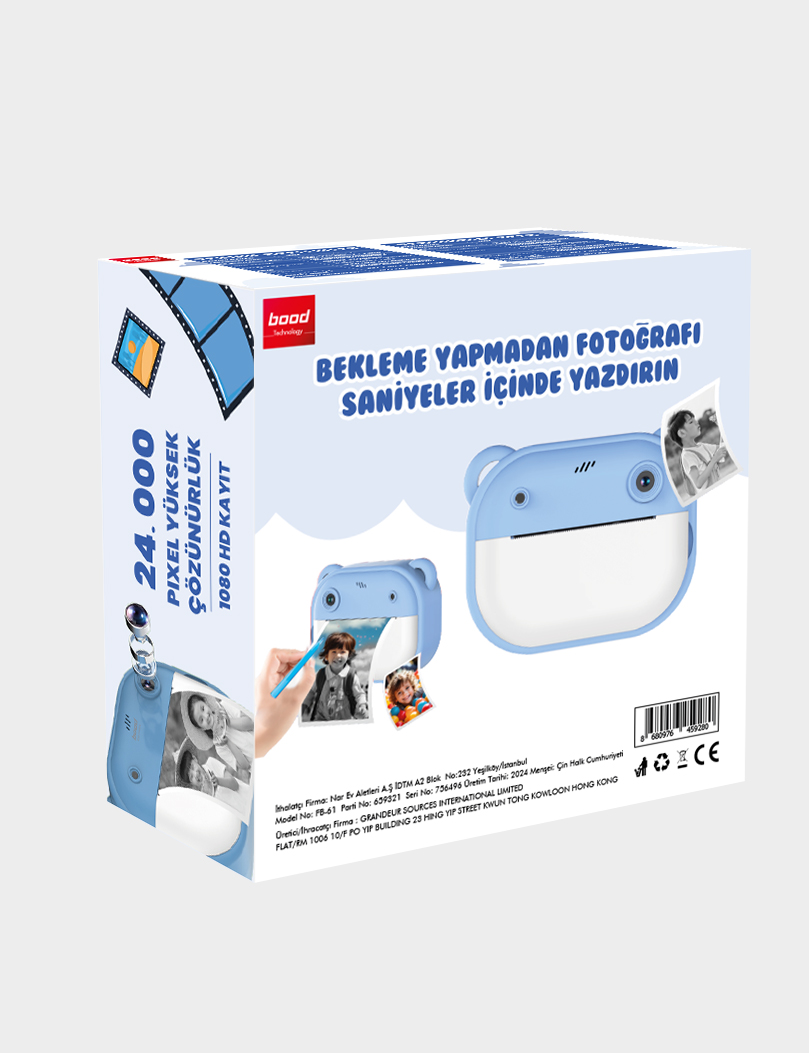 Mavi anında fotoğraf makinesi kutusu. Kamerayı ve basılı fotoğrafları gösterir. Kutuda metin var.