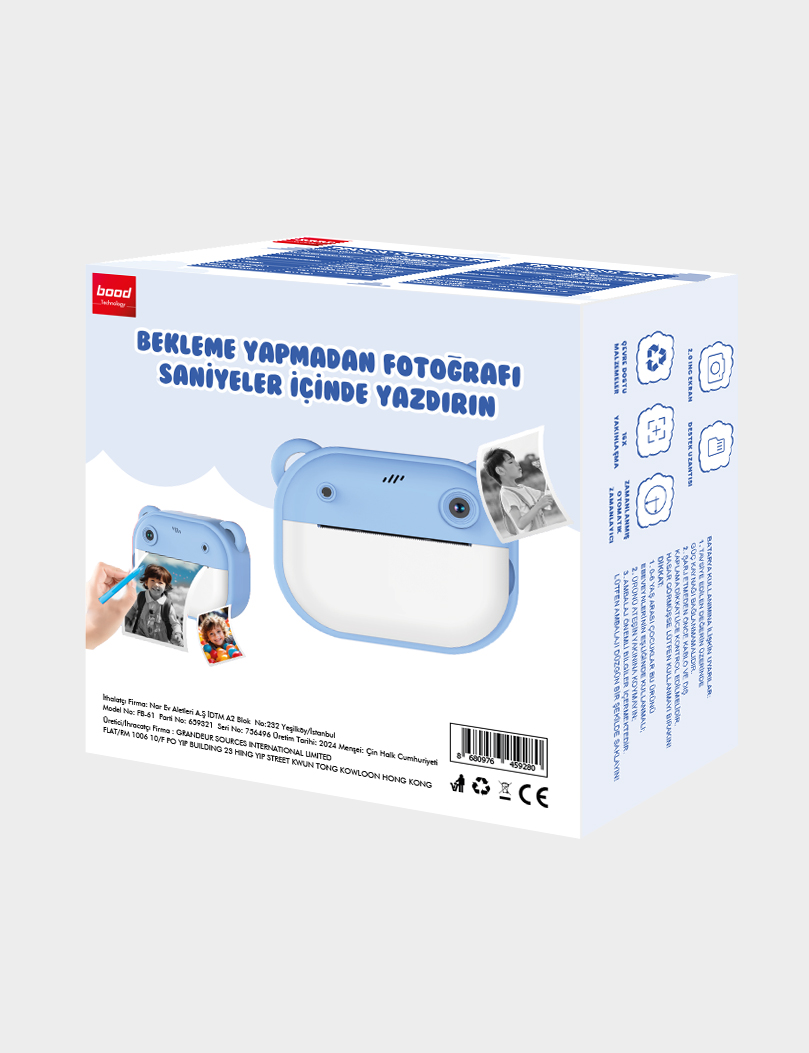 Bir kamera ve fotoğrafların görüntüsü olan mavi bir anında fotoğraf makinesi kutusu.