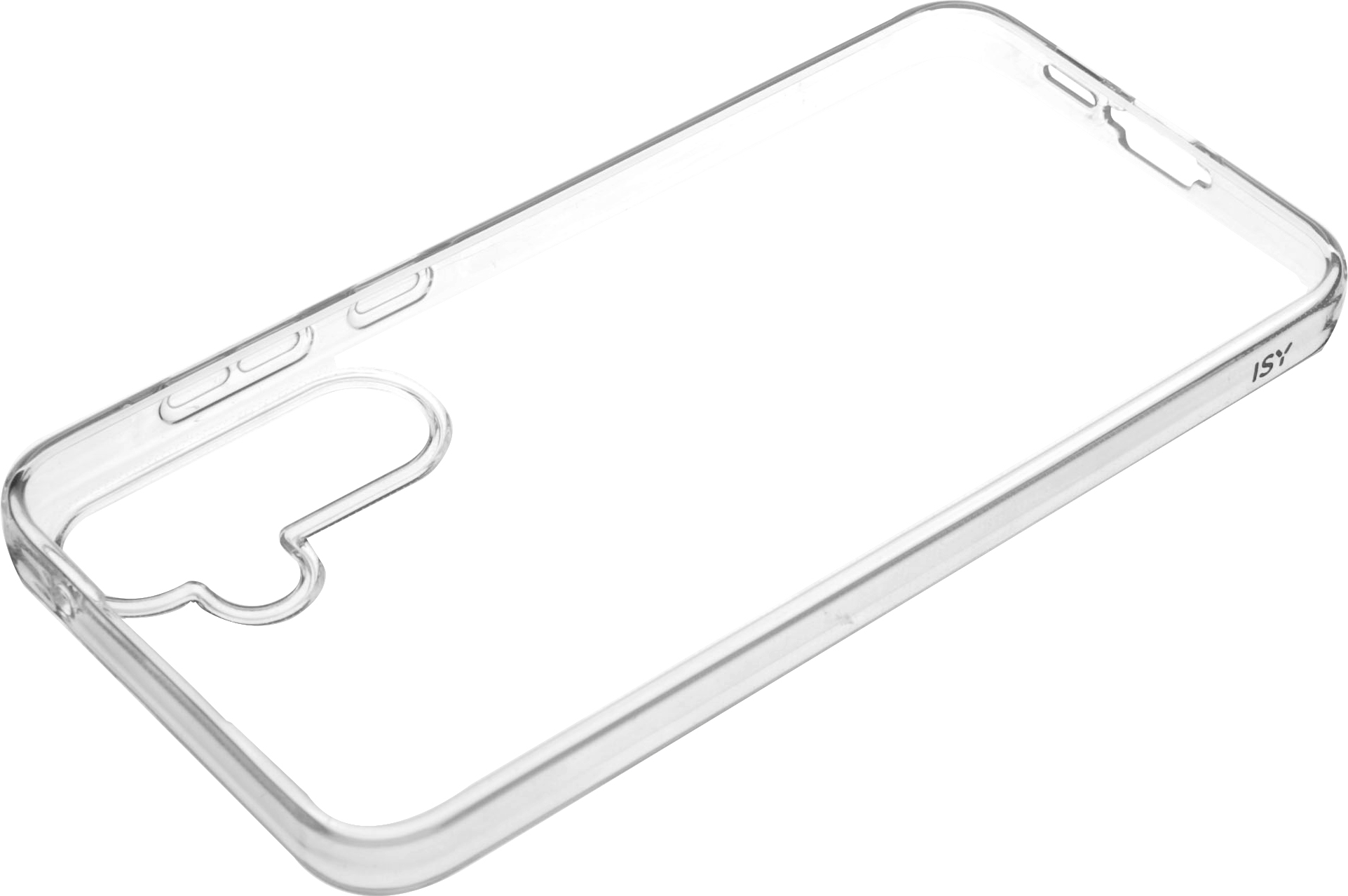 Une coque de téléphone transparente. Elle comporte des découpes pour l'appareil photo et les boutons.