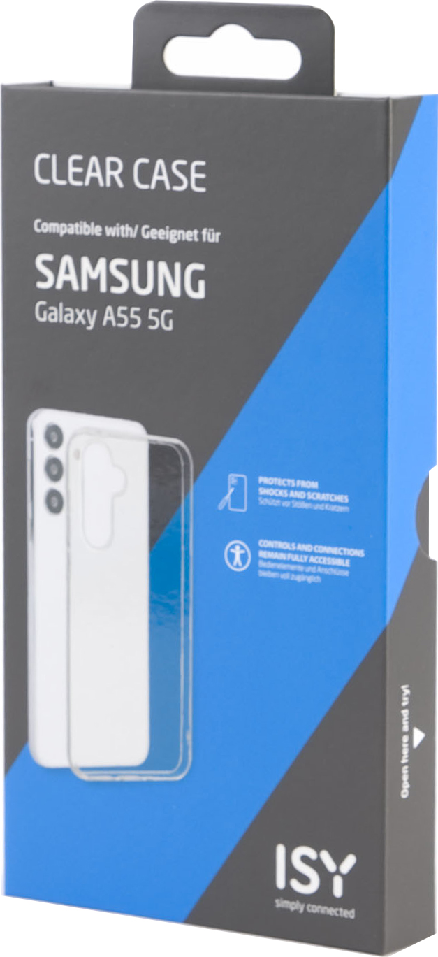 Une coque transparente pour un Samsung Galaxy A55 5G, dans une boîte avec texte et graphiques.