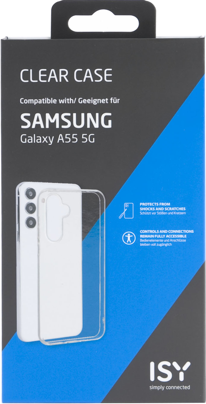 Boîte de coque transparente pour Samsung Galaxy A55 5G avec silhouette de téléphone.