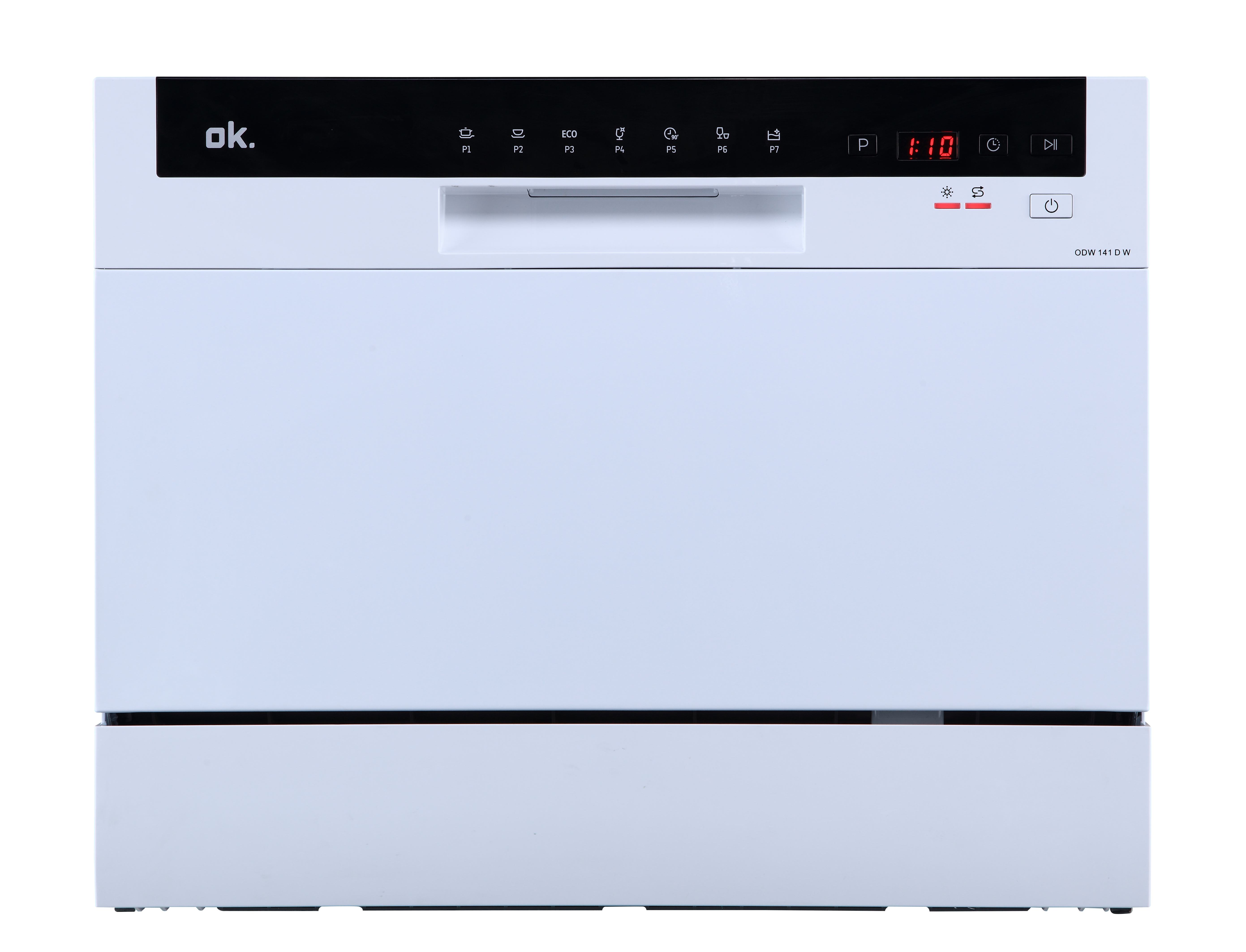 Ein weißer Geschirrspüler mit Bedienfeld oben, das einen digitalen Timer und verschiedene Programmoptionen anzeigt.