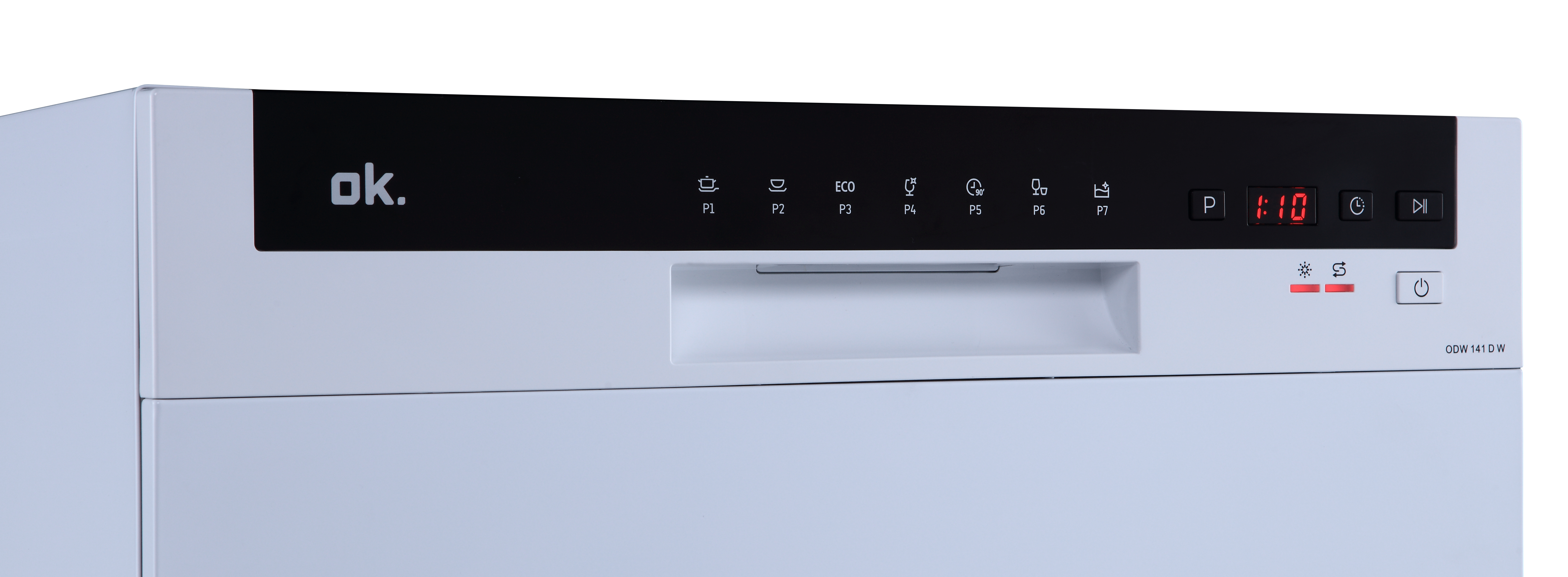 Nahaufnahme eines weißen Geschirrspüler-Bedienfelds. Zeigt verschiedene Programmsymbole und einen digitalen Timer.