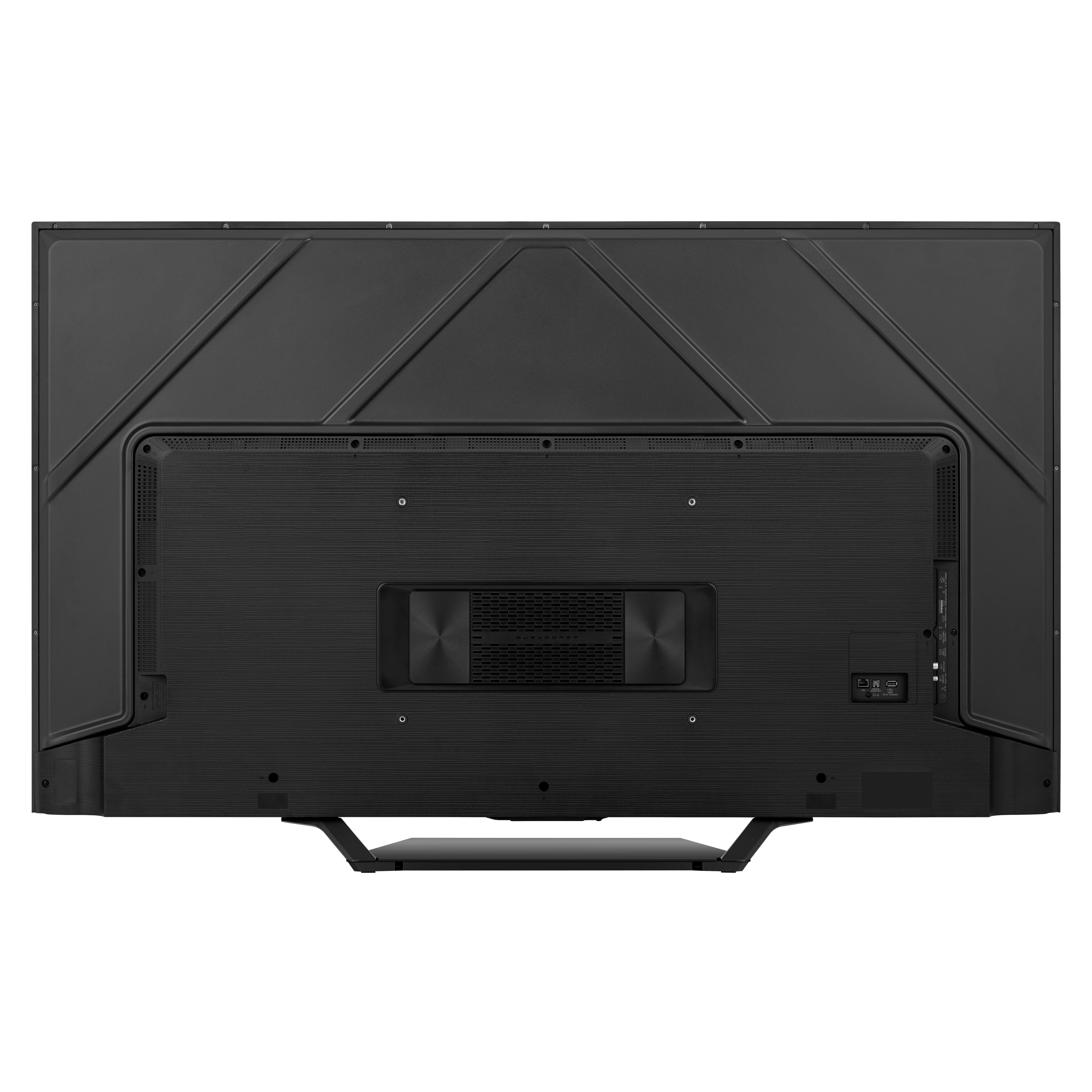 Die Rückseite eines schwarzen Fernsehers mit Design. Schwarzer Rahmen und Ständer. Anschlüsse sind vorhanden.