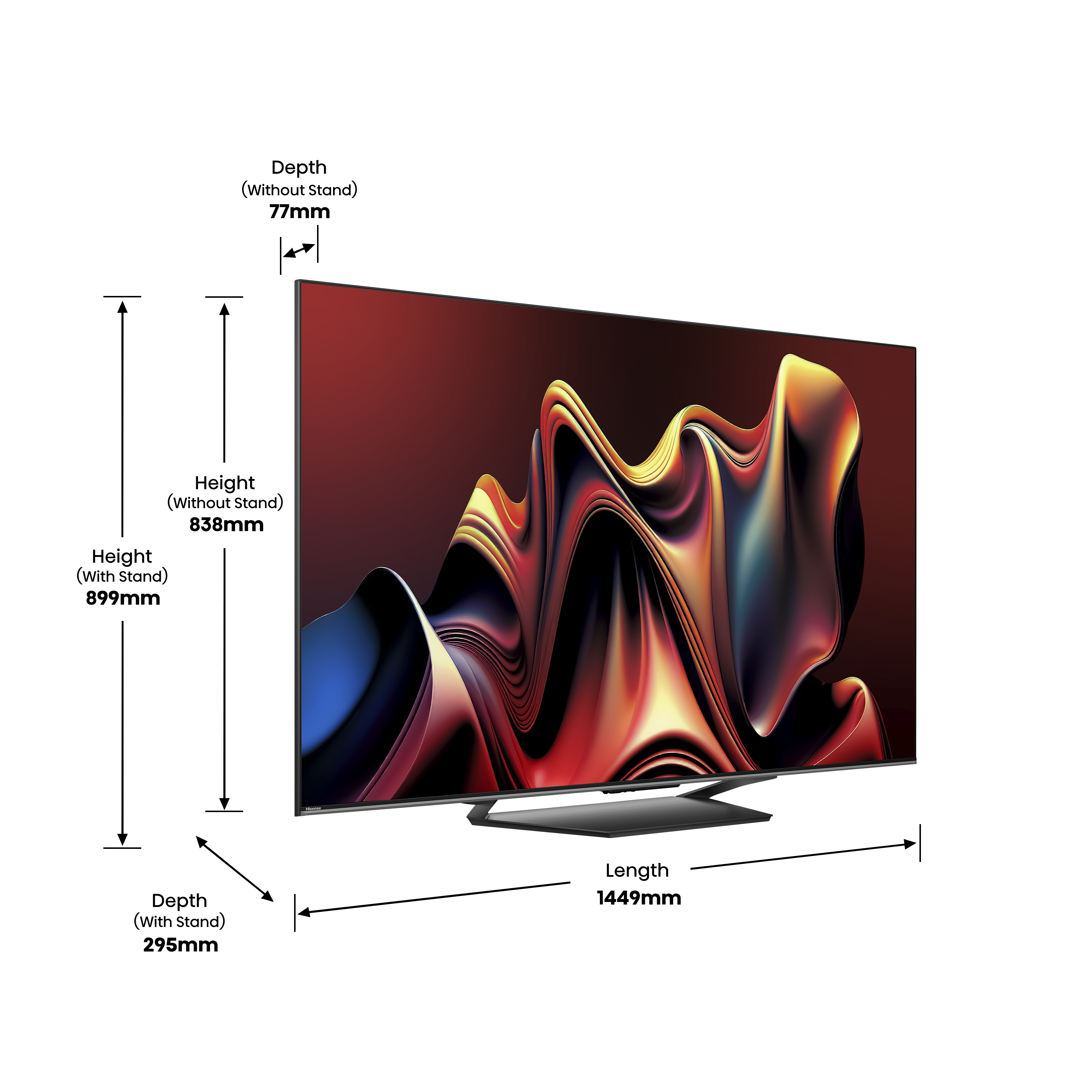 Ein großer Fernseher, mit Abmessungen, der ein farbenfrohes, abstraktes Bild zeigt.