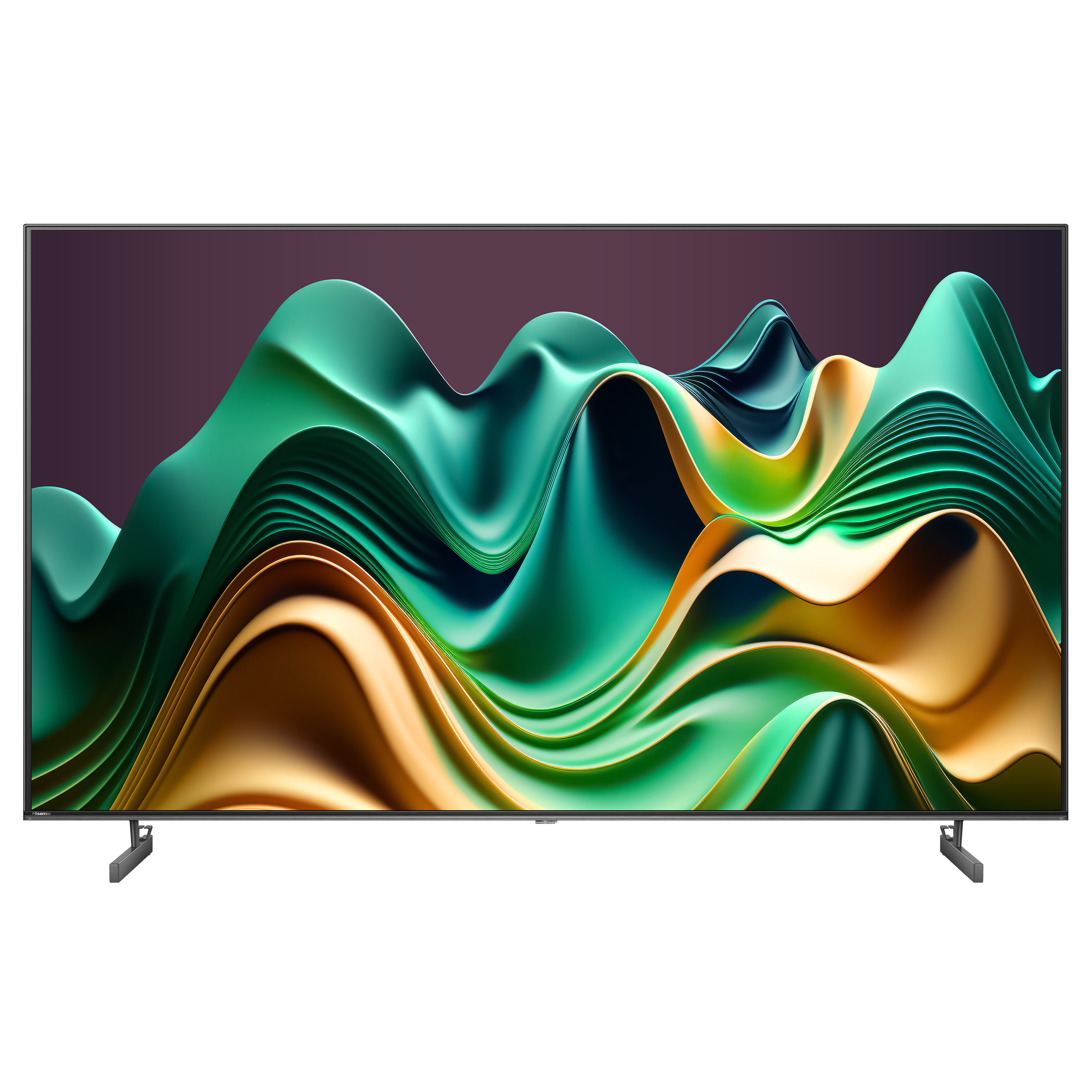 Großer Fernseher mit abstrakter grüner und goldener Kunst auf dem Bildschirm. Schwarzer Ständer.
