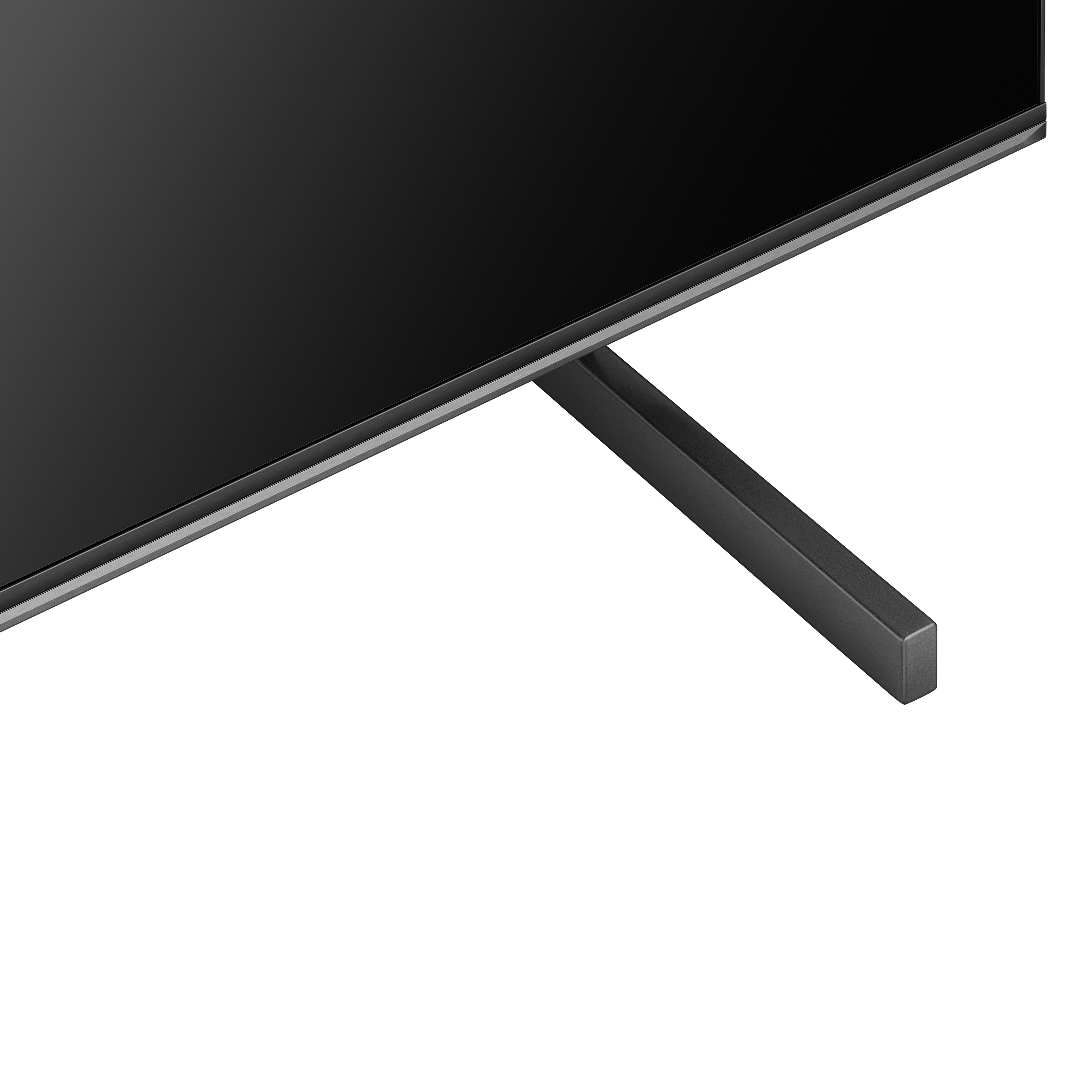 Ein TV-Ständersockel mit einem schwarzen, rechteckigen Fuß und einem schwarzen Stützbalken.
