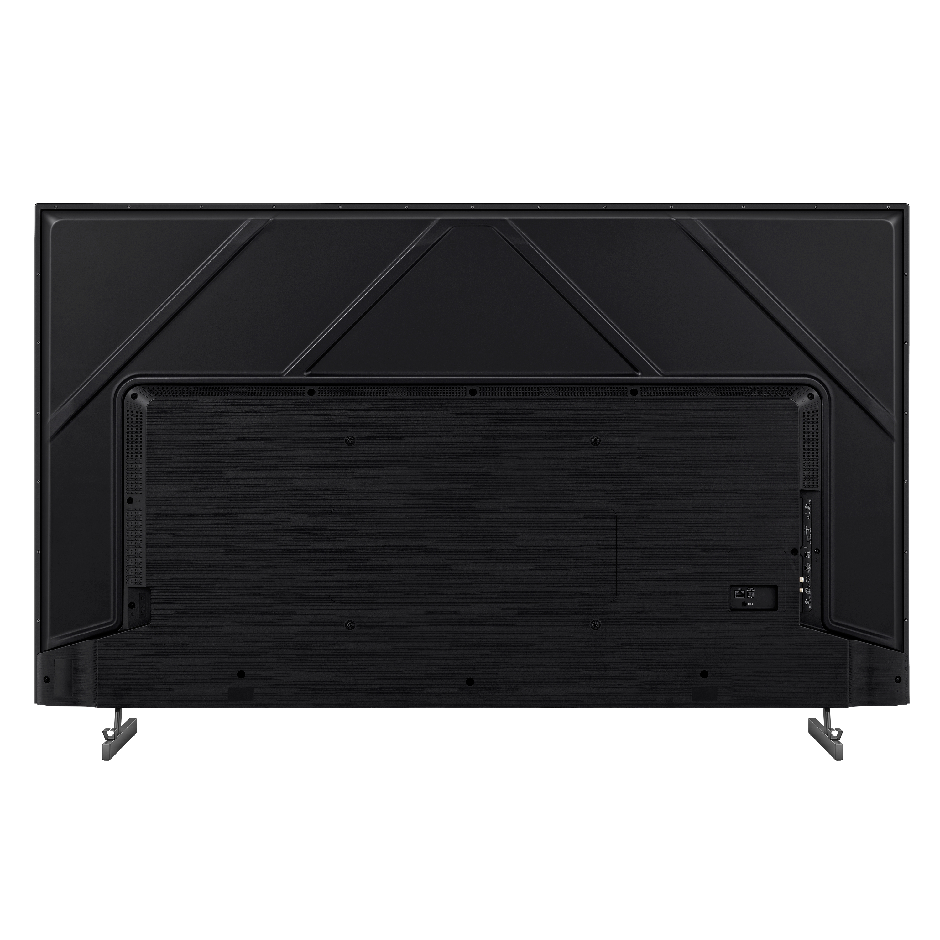 Rückansicht eines schwarzen Fernsehers. Er hat eine schwarze Rückseite mit geometrischem Design und zwei Füße. Schwarzer Hintergrund.