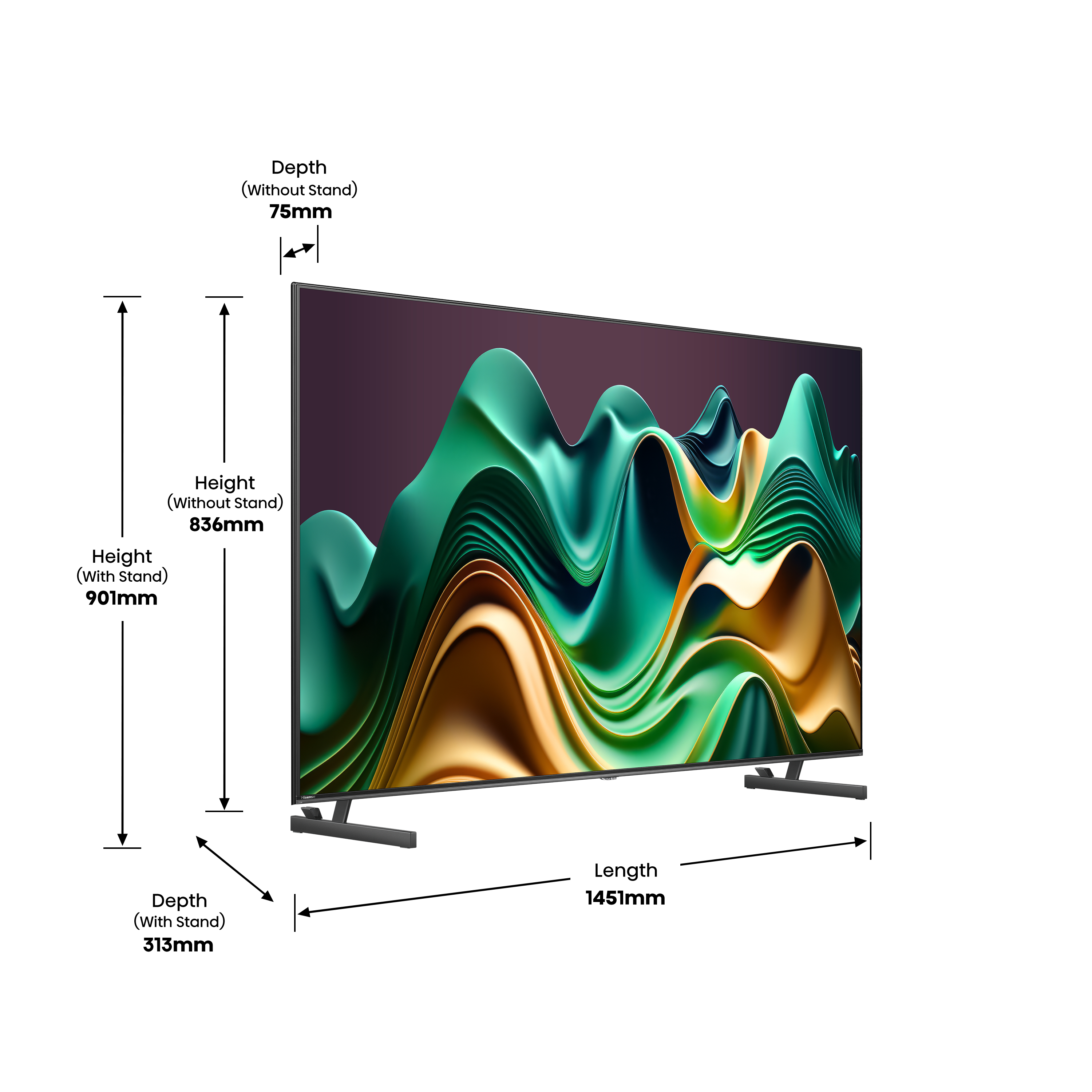 Ein großer schwarzer Fernseher mit angegebenen Abmessungen. Höhe mit Ständer 901 mm, Länge 1451 mm, Tiefe 313 mm mit Ständer.
