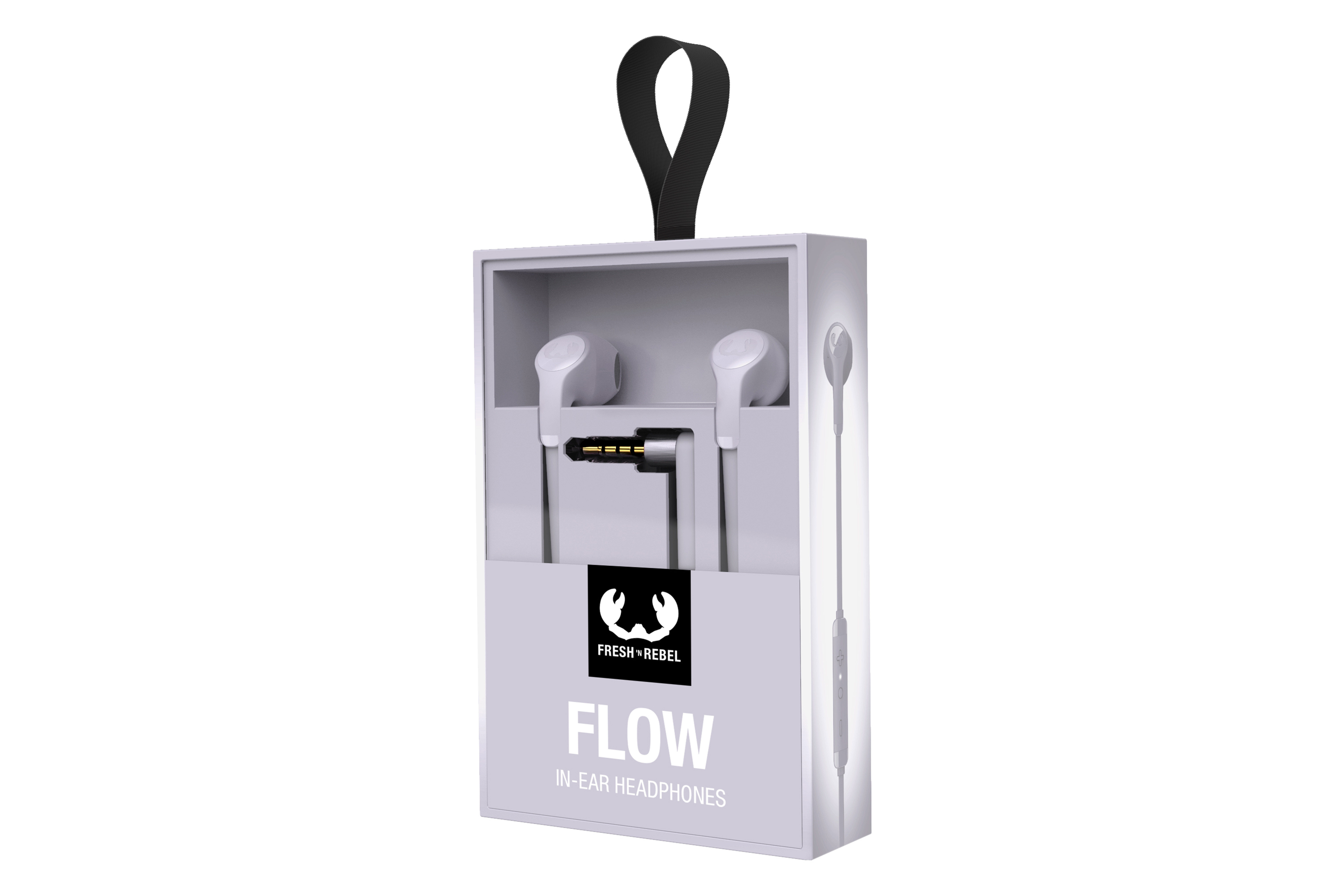 Beyaz kulaklık kutusu, kulak içi kulaklıklar, siyah kayış ve 'FLOW' metni.