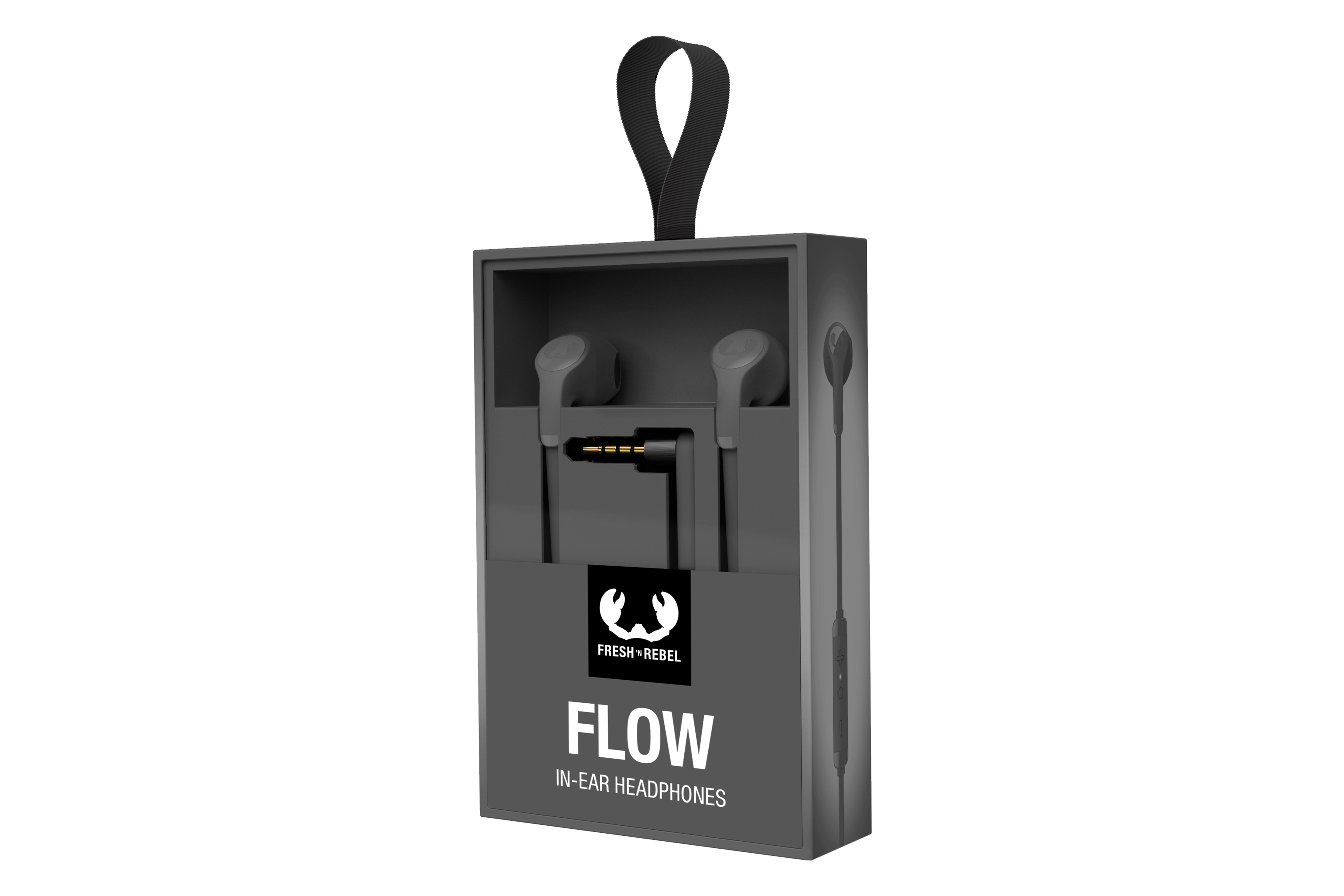 Gri kulaklık kutusu, siyah kulaklıklar. Marka 'FRESH 'N REBEL', 'FLOW' metni.