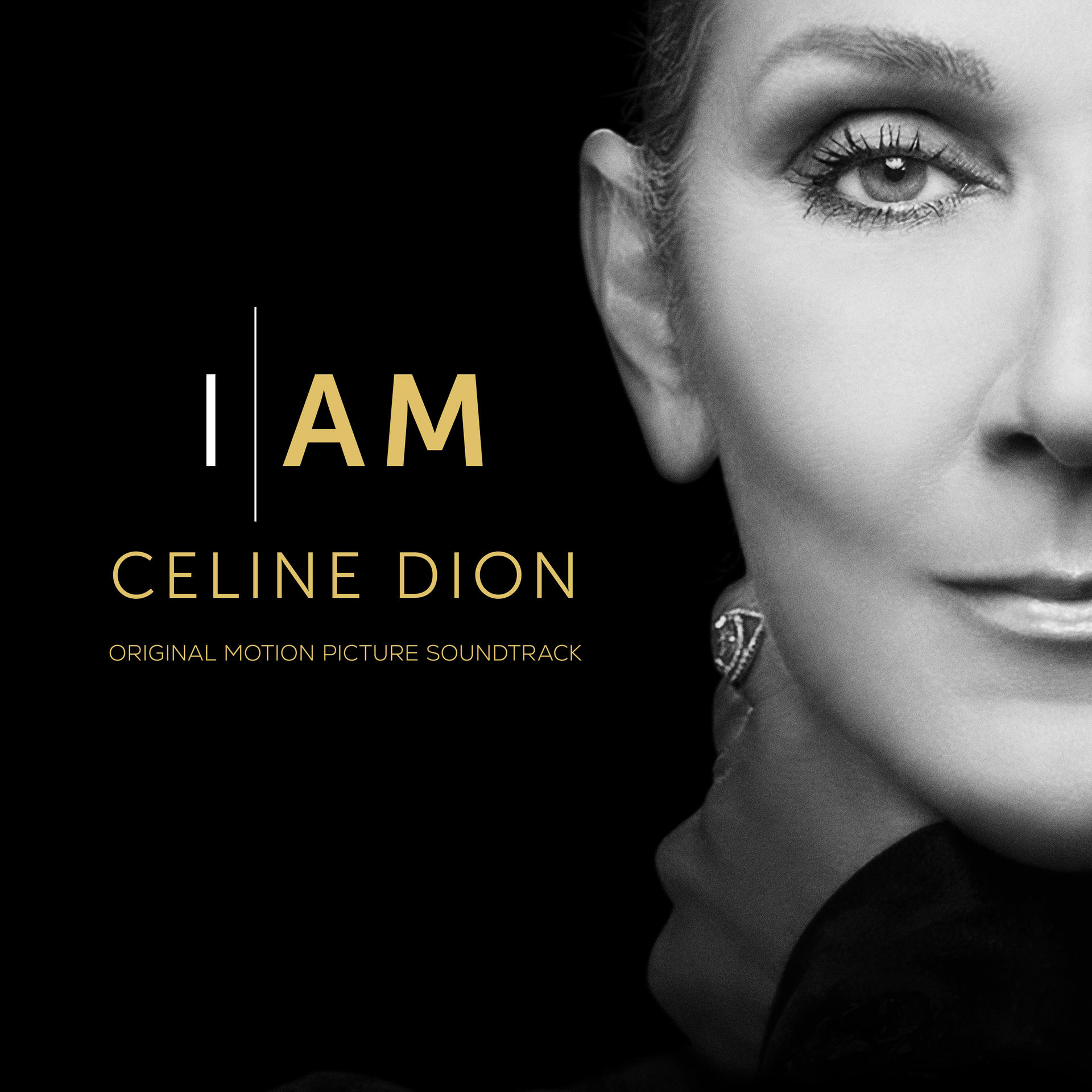 Pochette d'album de Céline Dion, fond noir, gros plan de son visage et les mots 'I AM' en or.