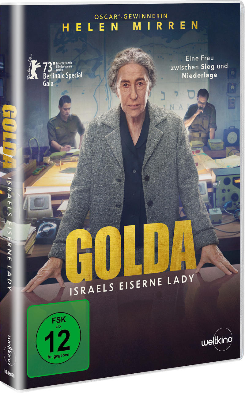 DVD-Cover von 'Golda', zeigt Helen Mirren, mit Text auf Deutsch und israelischen Flaggen.