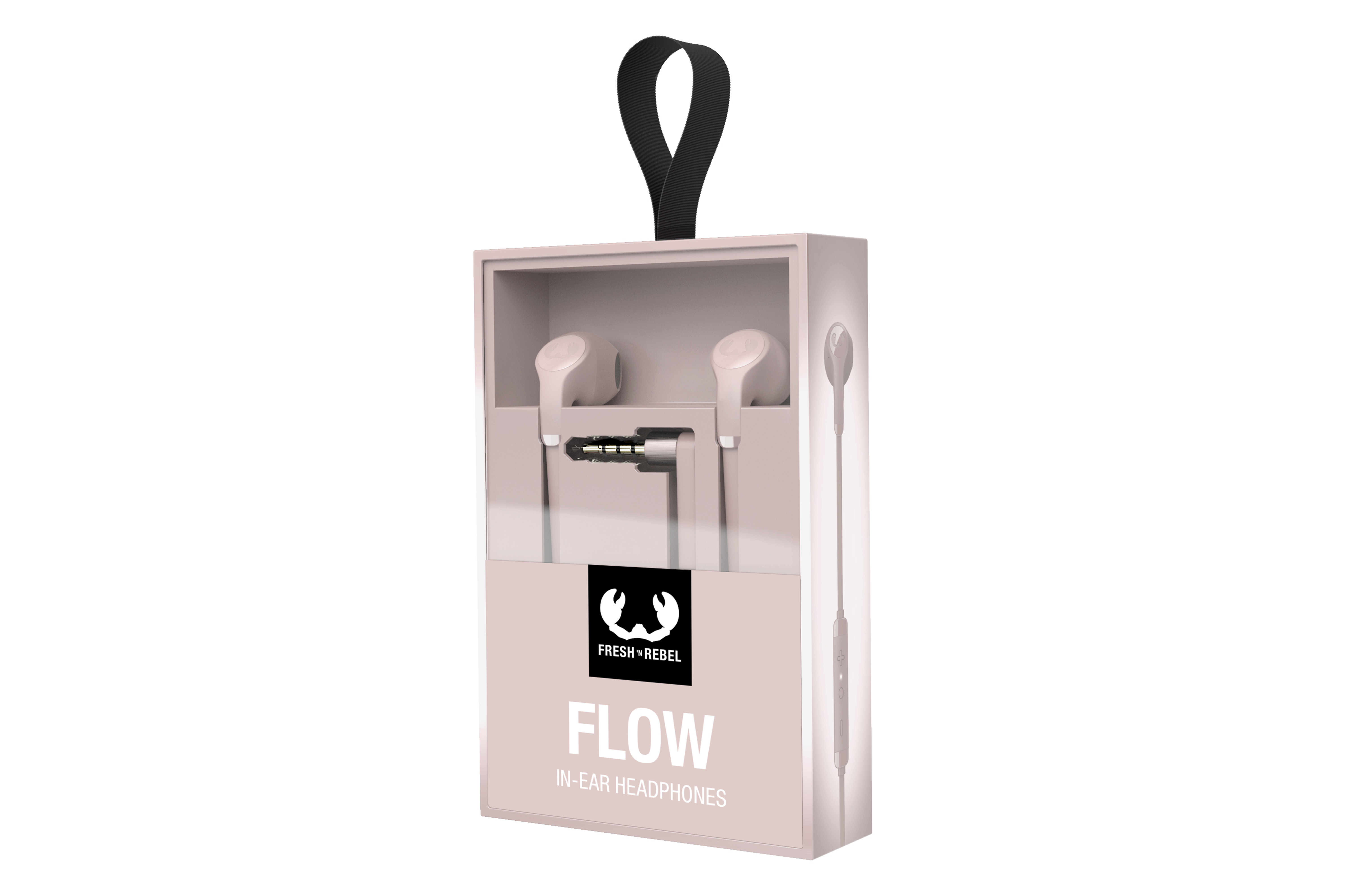 Beyaz Fresh Rebel Flow kulak içi kulaklıkları içeren pembe bir kutu. Siyah asma halkası.