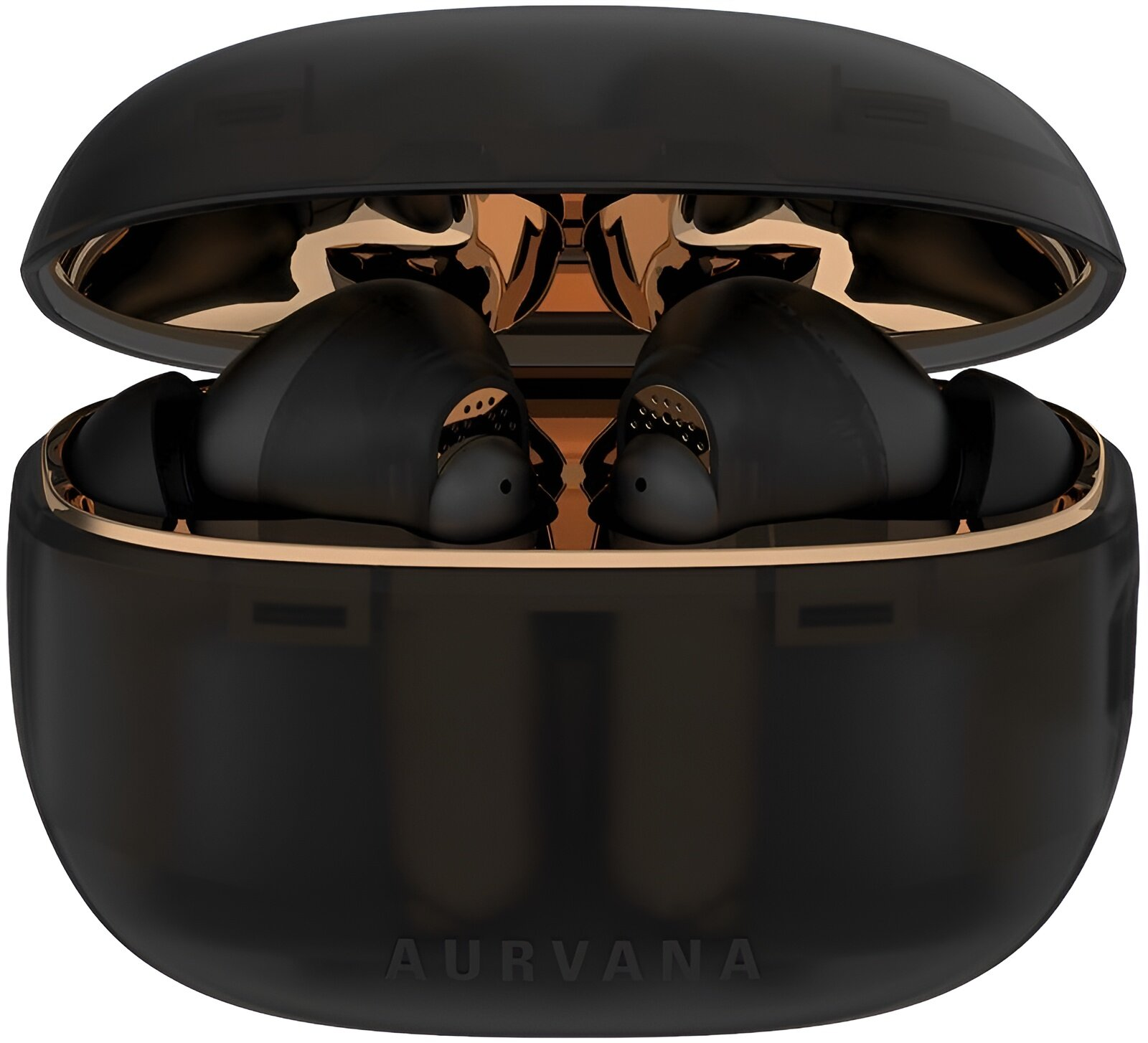 Czarne słuchawki w etui ładującym. Etui jest czarne i złote, słuchawki są czarne.
