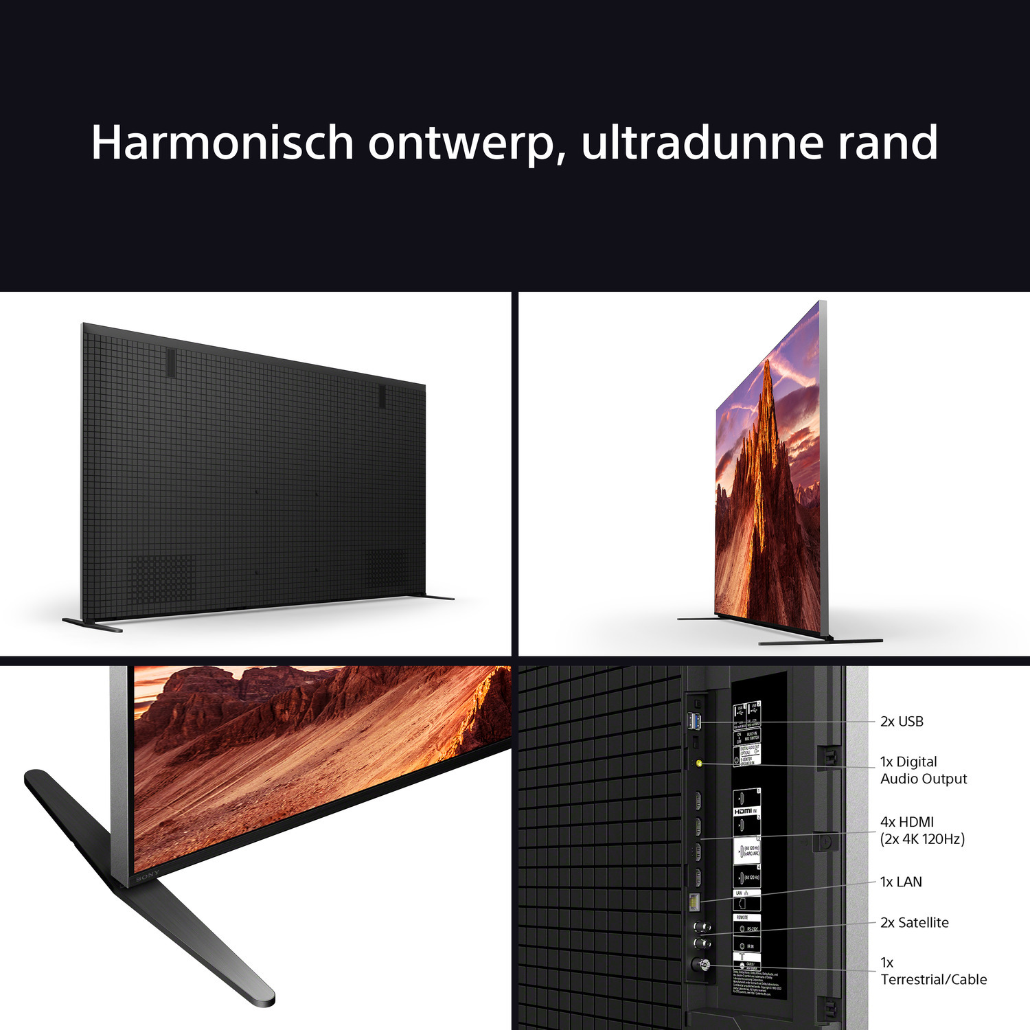 Afbeeldingen tonen een zwarte tv met een ultradun frame. Details van poorten en een landschapsbeeld op het scherm zijn ook zichtbaar.