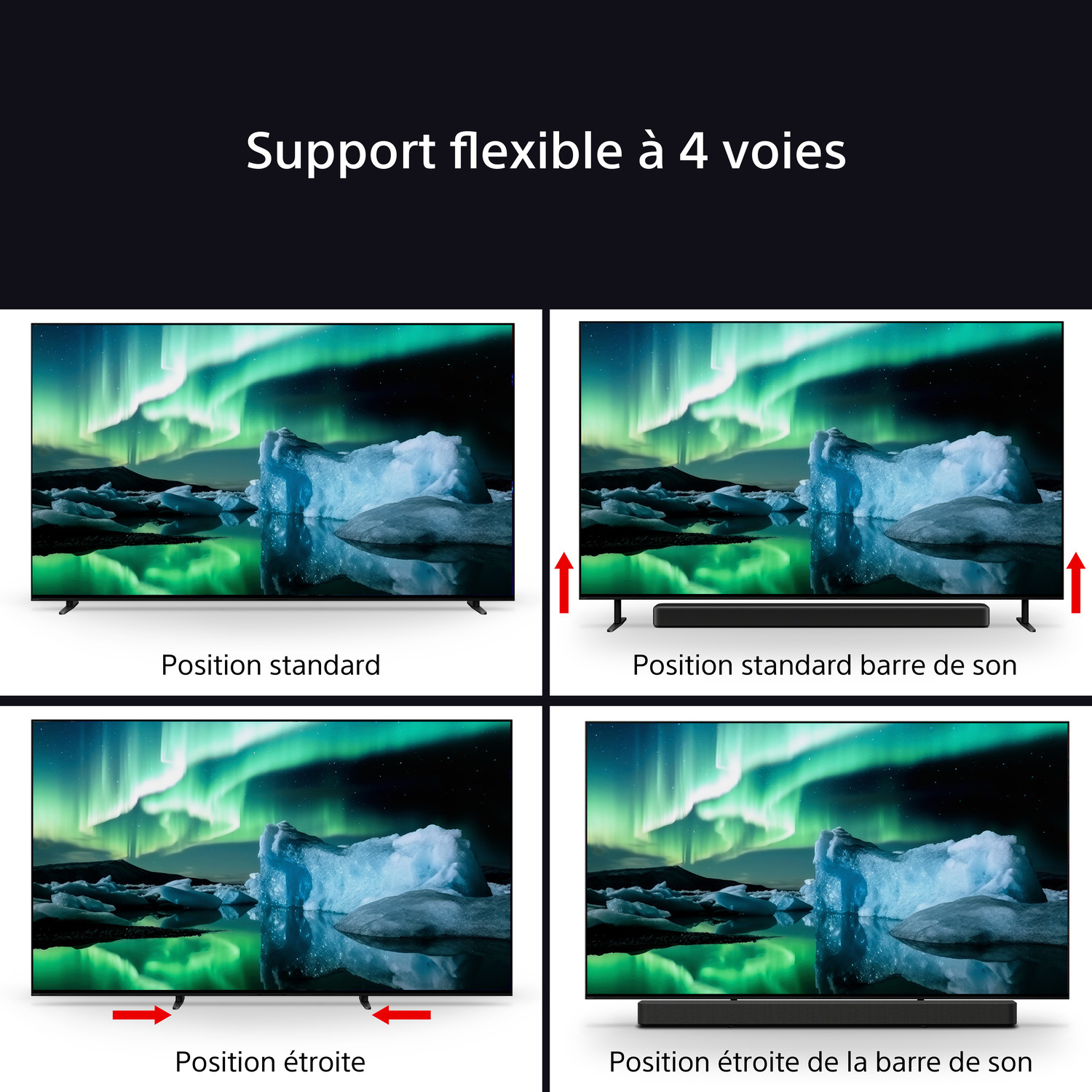 Quatre images montrent des écrans de télévision avec un paysage, illustrant des positions de support flexibles.