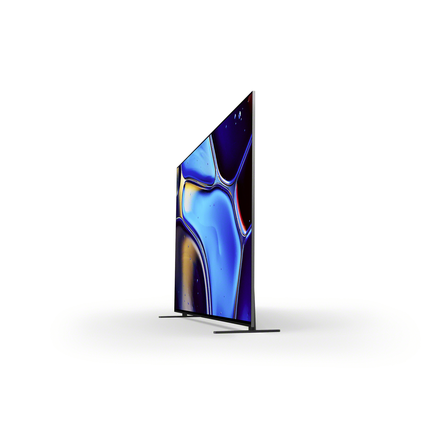 Een modern tv-scherm, schuin, met een blauw en geel abstract kunstwerk, op een witte achtergrond.
