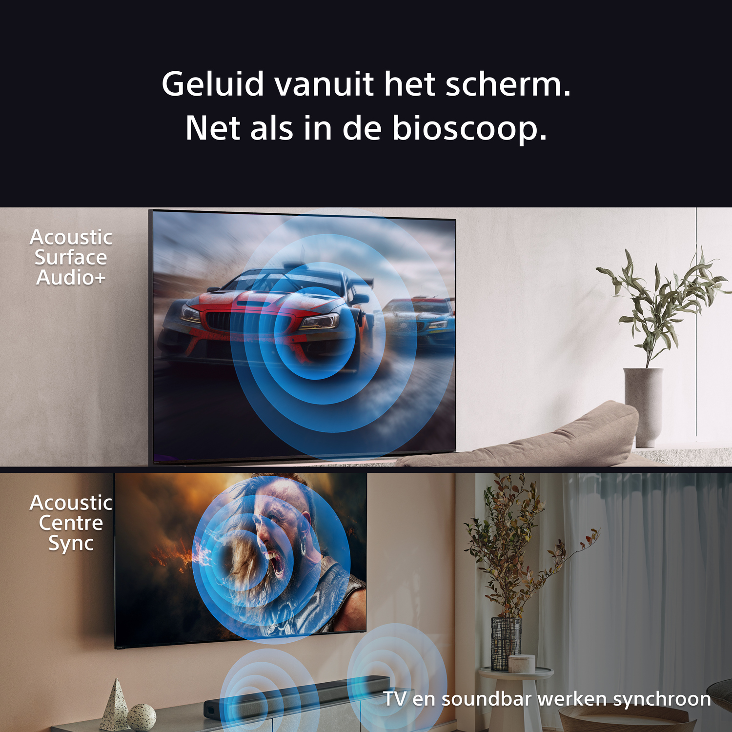 Tv met raceauto's, met geluidsgolfafbeeldingen. Soundbar en plant op de achtergrond.