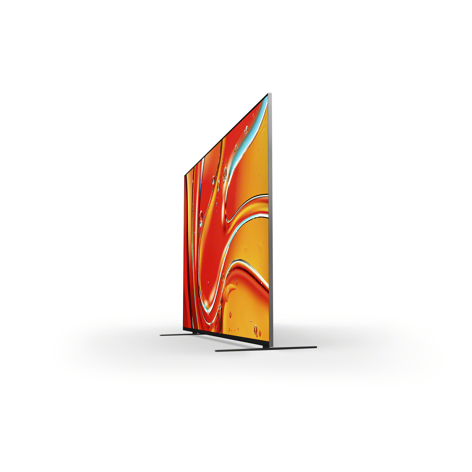 Vue latérale d'une TV, avec un écran coloré, sur fond blanc, avec des pieds fins.