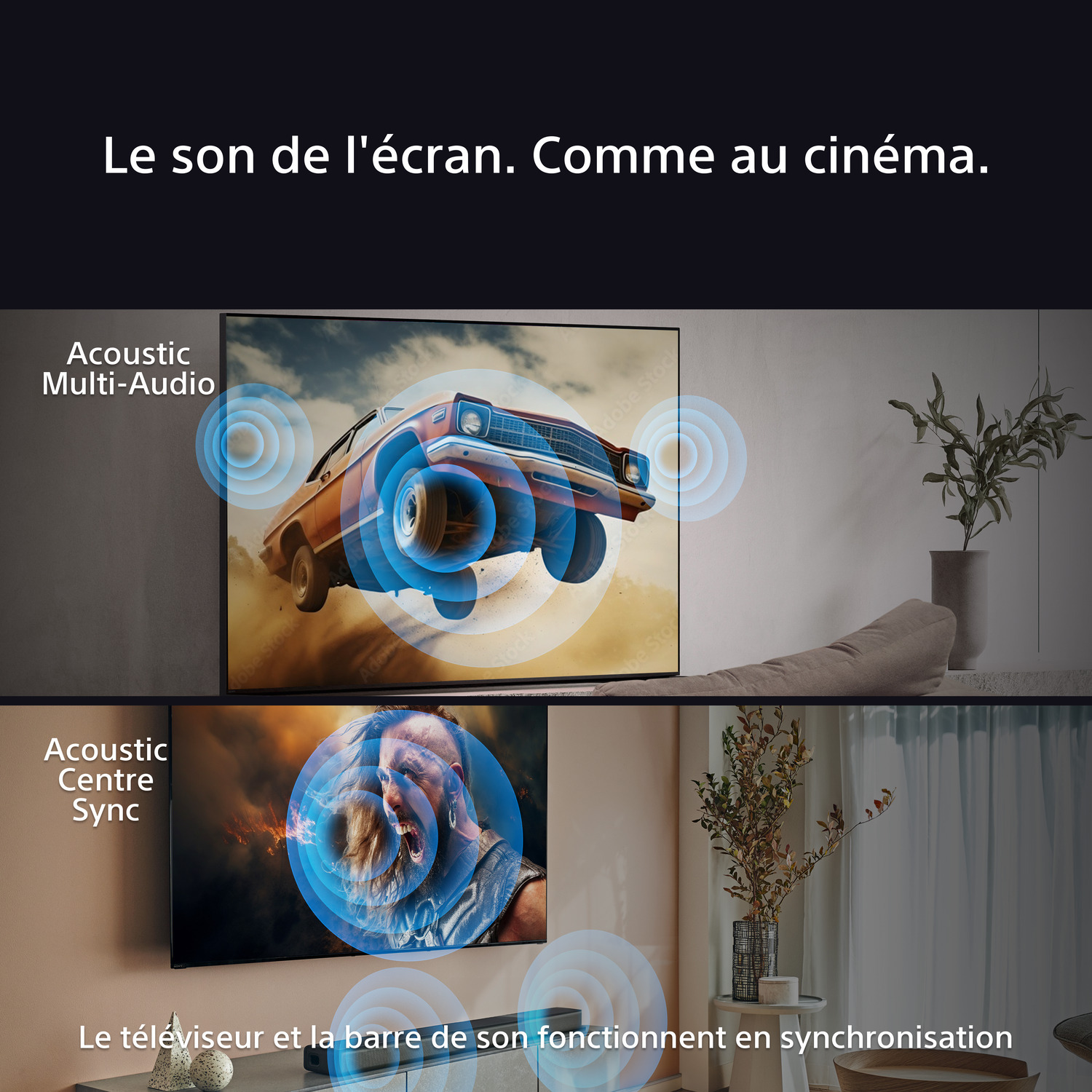 Images sur un écran de télévision avec texte en français, montrant une voiture et un homme.