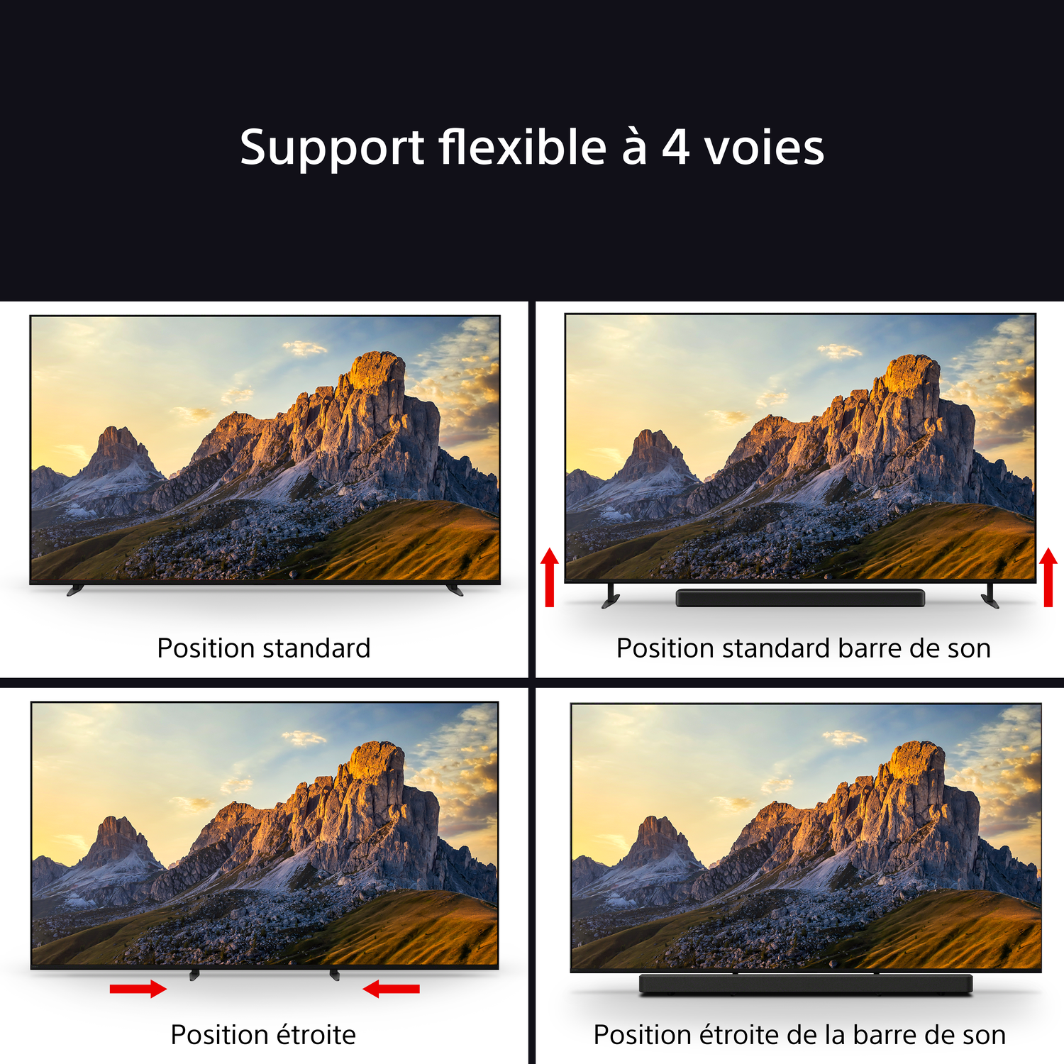 Diagramme montrant quatre positions de support TV : standard, avec barre de son, étroit et étroit avec barre.