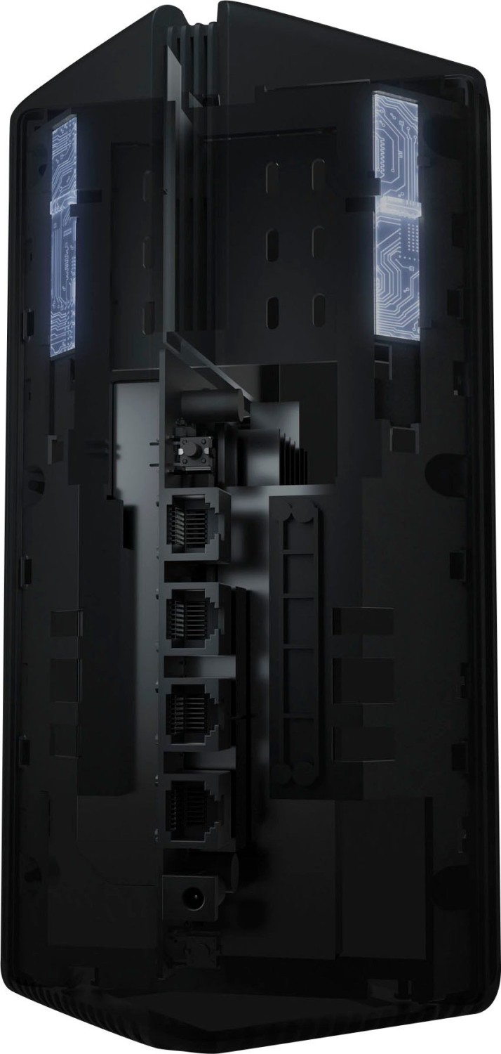 Ein schwarzer Router mit sichtbaren internen Komponenten.  Anschlüsse und Leiterplatten sichtbar.