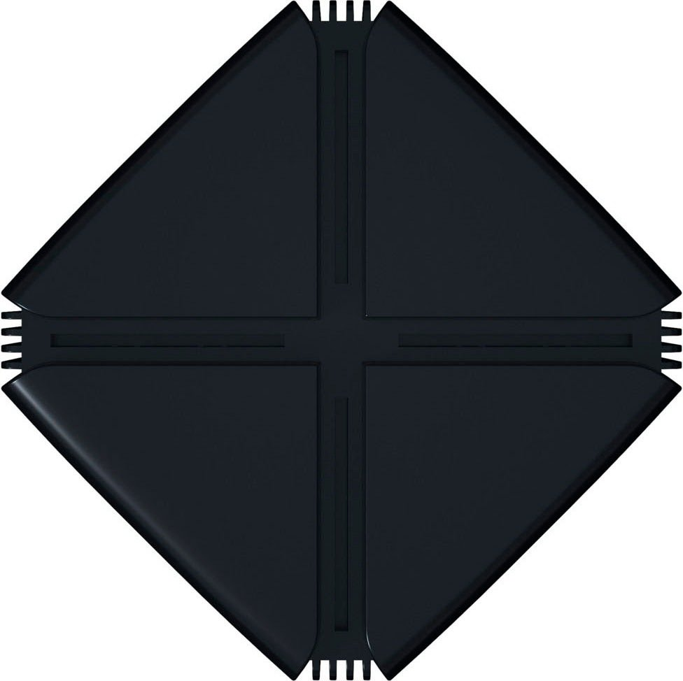 Schwarzes Quadrat mit kreuzförmigen Vertiefungen. Weißer Hintergrund.