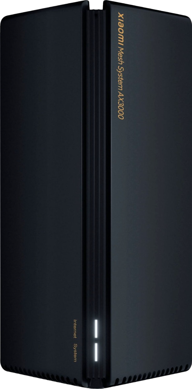 Schwarzer Router mit goldfarbenem Text, 'Xiaomi Mesh System AX3000' und 'Internet System'.