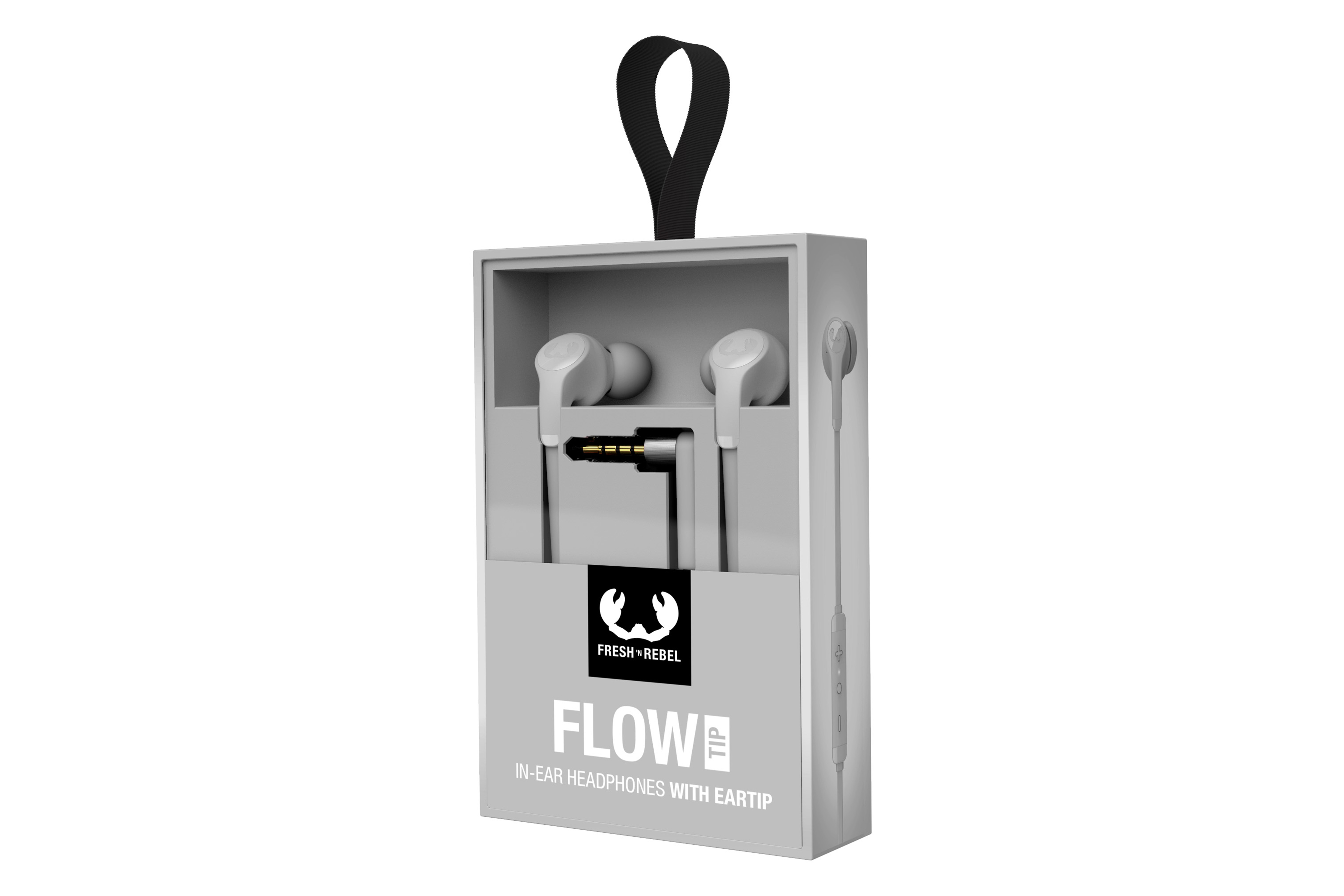 "FLOW" metni ve marka logosu ile gri bir kutuda kulaklık.