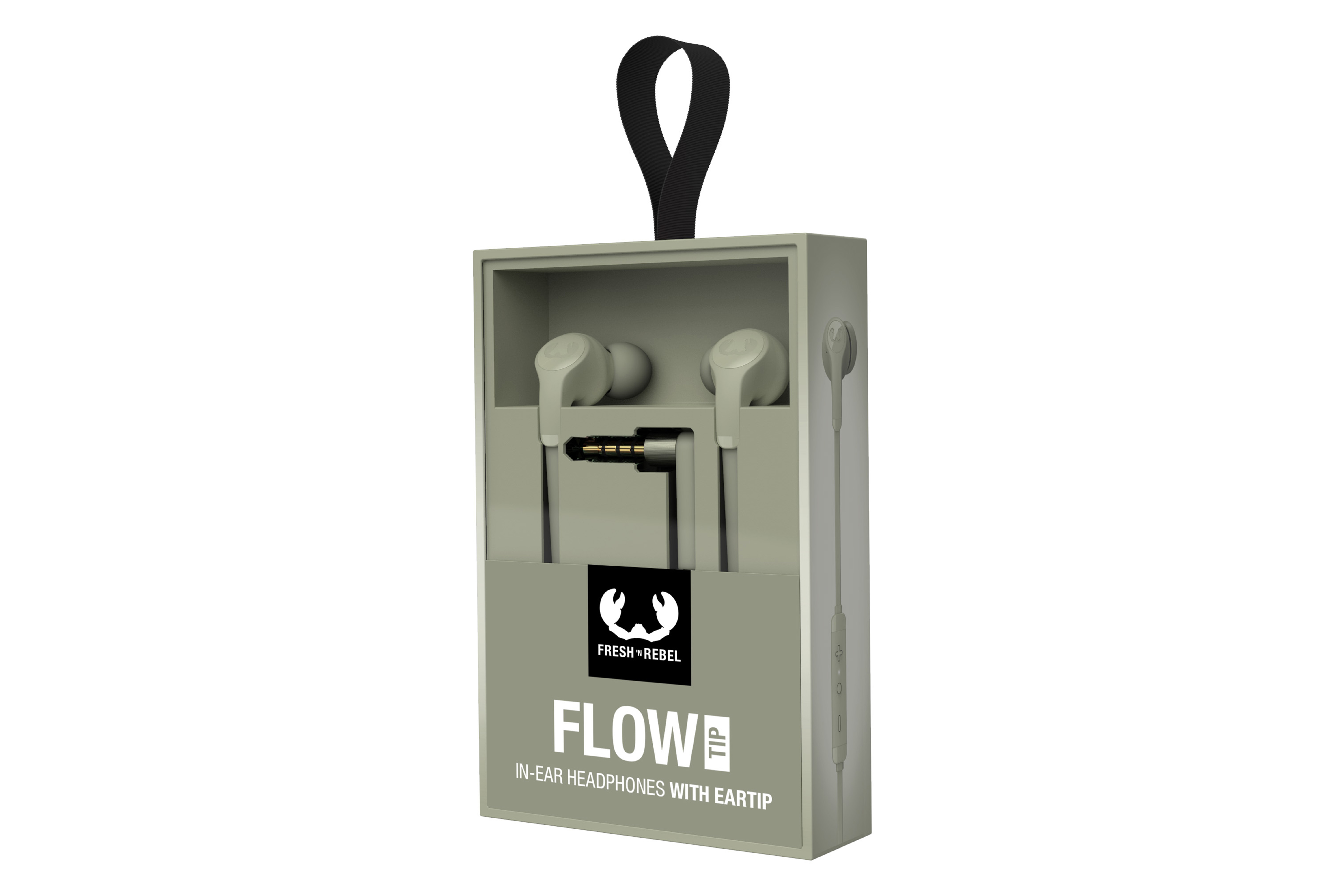 Gri bir kutunun içindeki kulaklıklar, logo ve "FLOW" ve "IN-EAR HEADPHONES" metniyle.