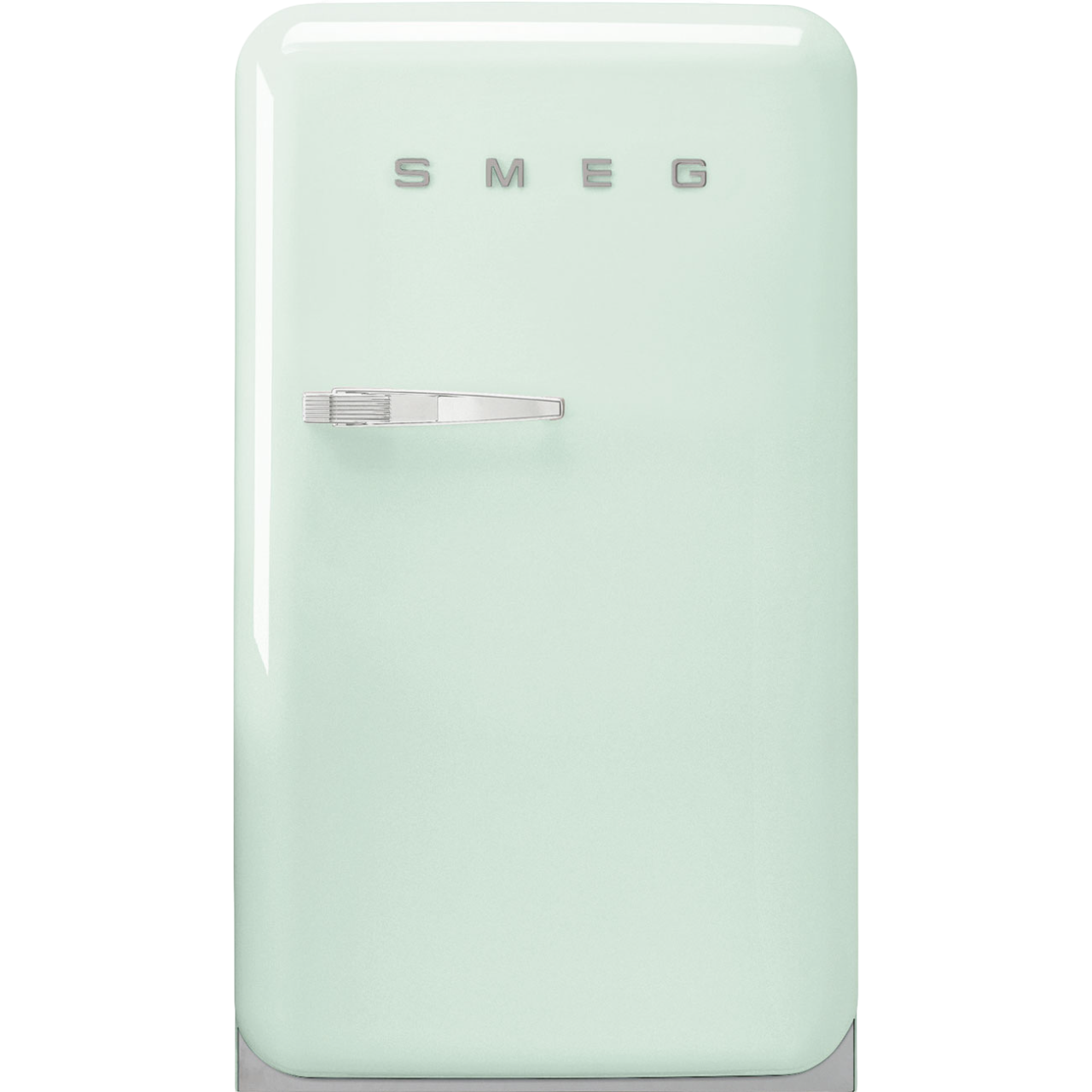 Minzgrüner SMEG Kühlschrank mit silbernem Griff und SMEG Logo oben.
