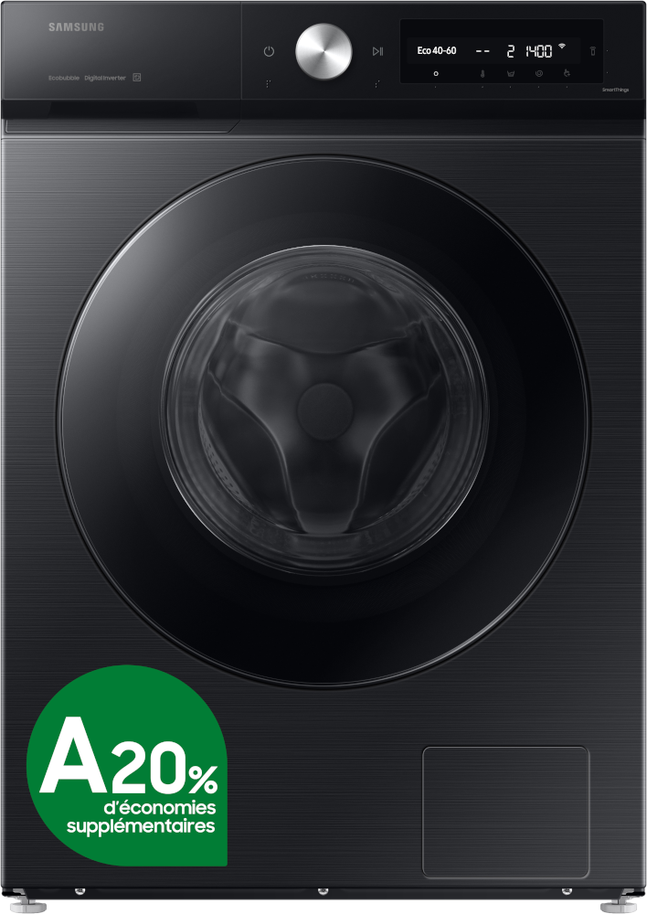 Lave-linge Samsung noir avec porte noire, autocollant A20% d'économies.