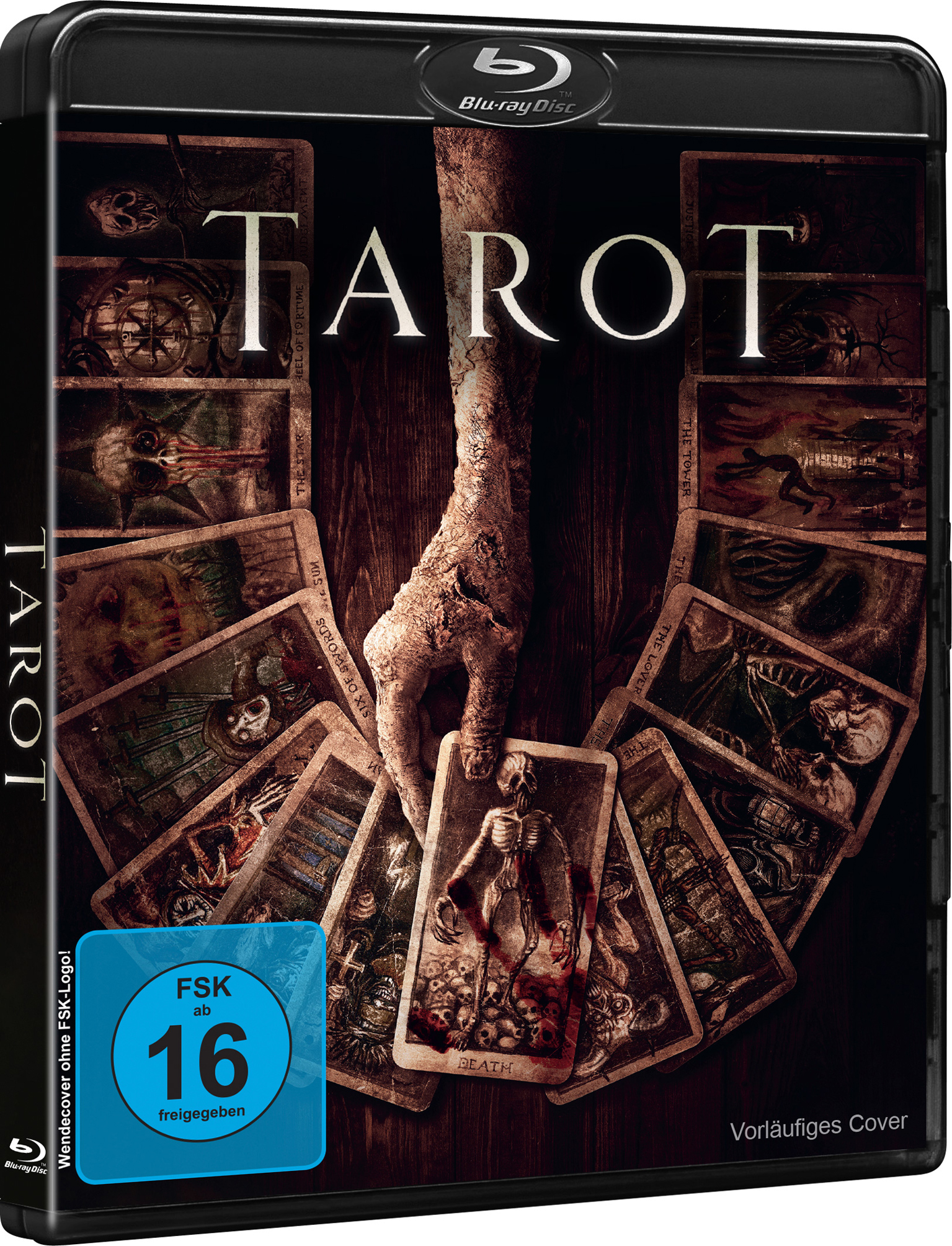 Tarot Blu-ray-Hülle mit einer Hand, die Tarotkarten hält. Das Cover zeigt ein Skelett und der Titel lautet 'TAROT'.