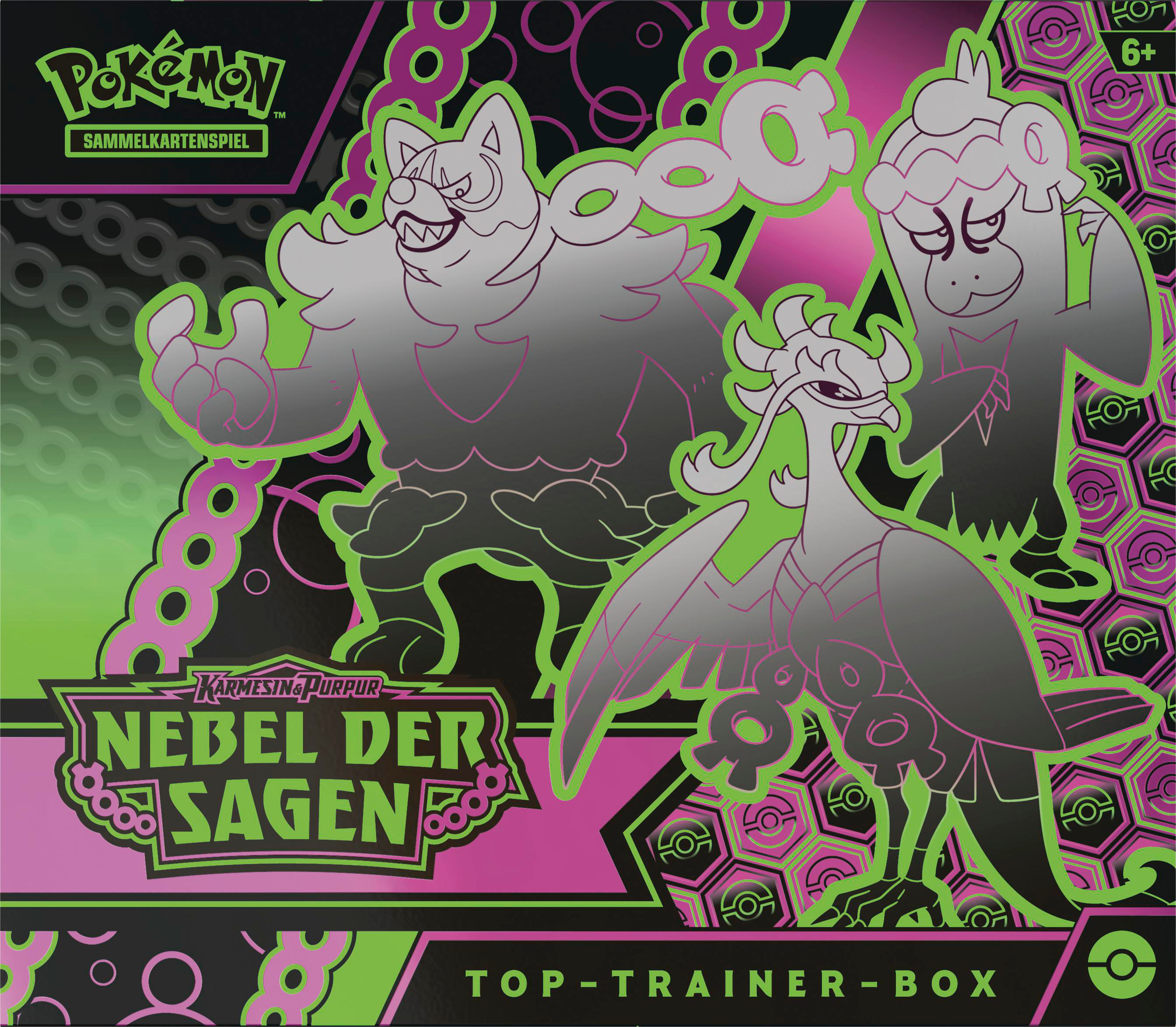 Pokémon-Kartenbox mit drei Pokémon-Figuren und Text in Grün und Pink.