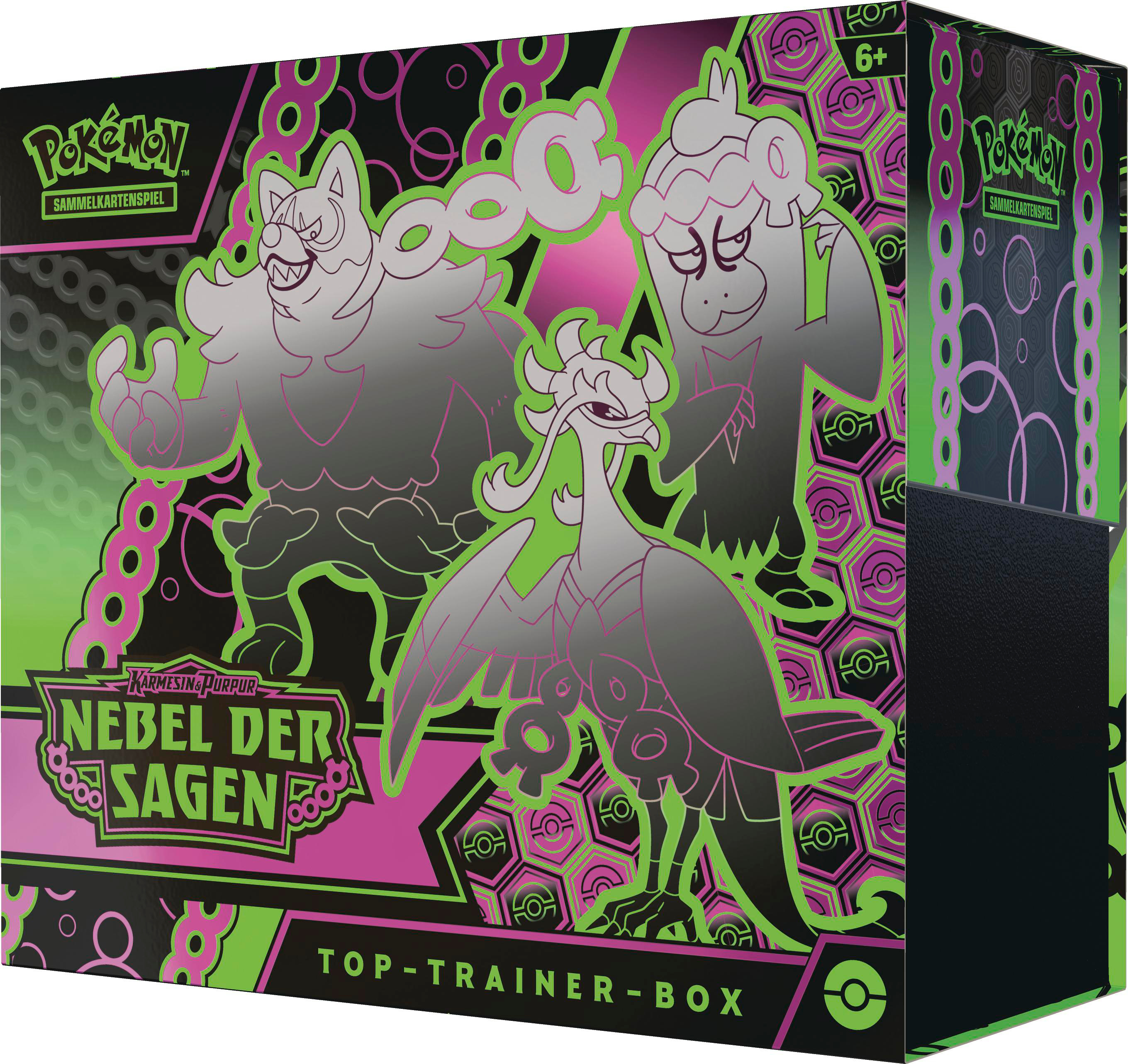 Pokemon Top Trainer Box mit Zeichentrickfiguren auf neon-grünem und pinkfarbenem Hintergrund.