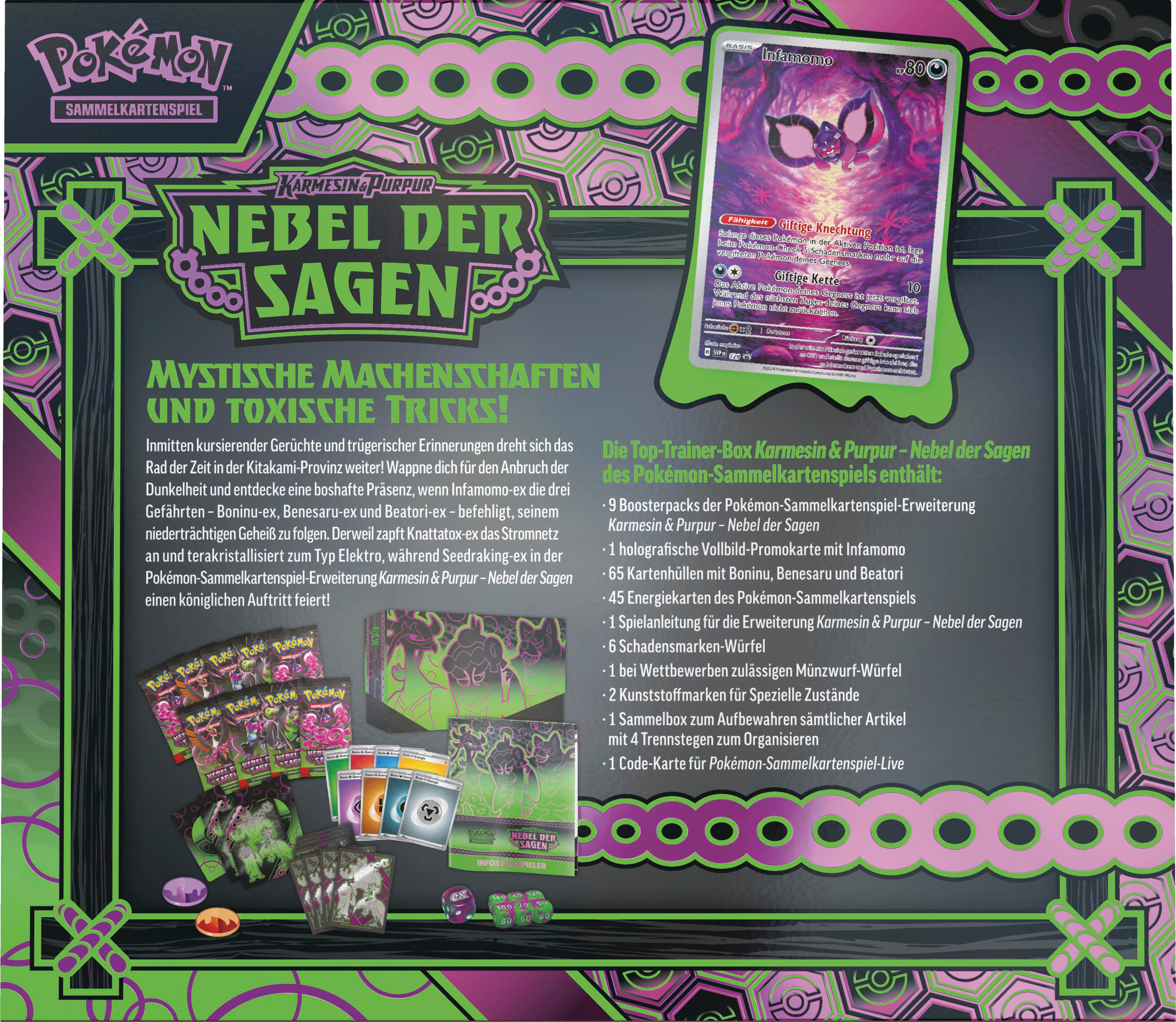 Eine Pokémon-Kartenbox mit einer Vielzahl von Karten und Text in mehreren Sprachen.