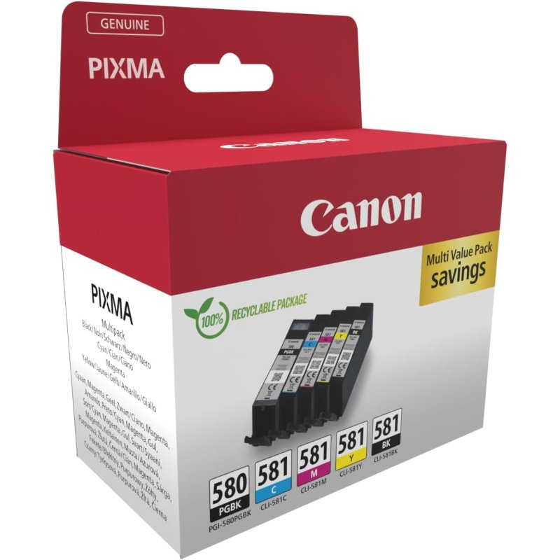 Una caja de cartuchos de tinta Canon con múltiples cartuchos de tinta dentro, etiquetados y organizados.