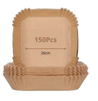 Revestimientos marrones para freidora de aire con el texto '150Pcs' y '26cm'.