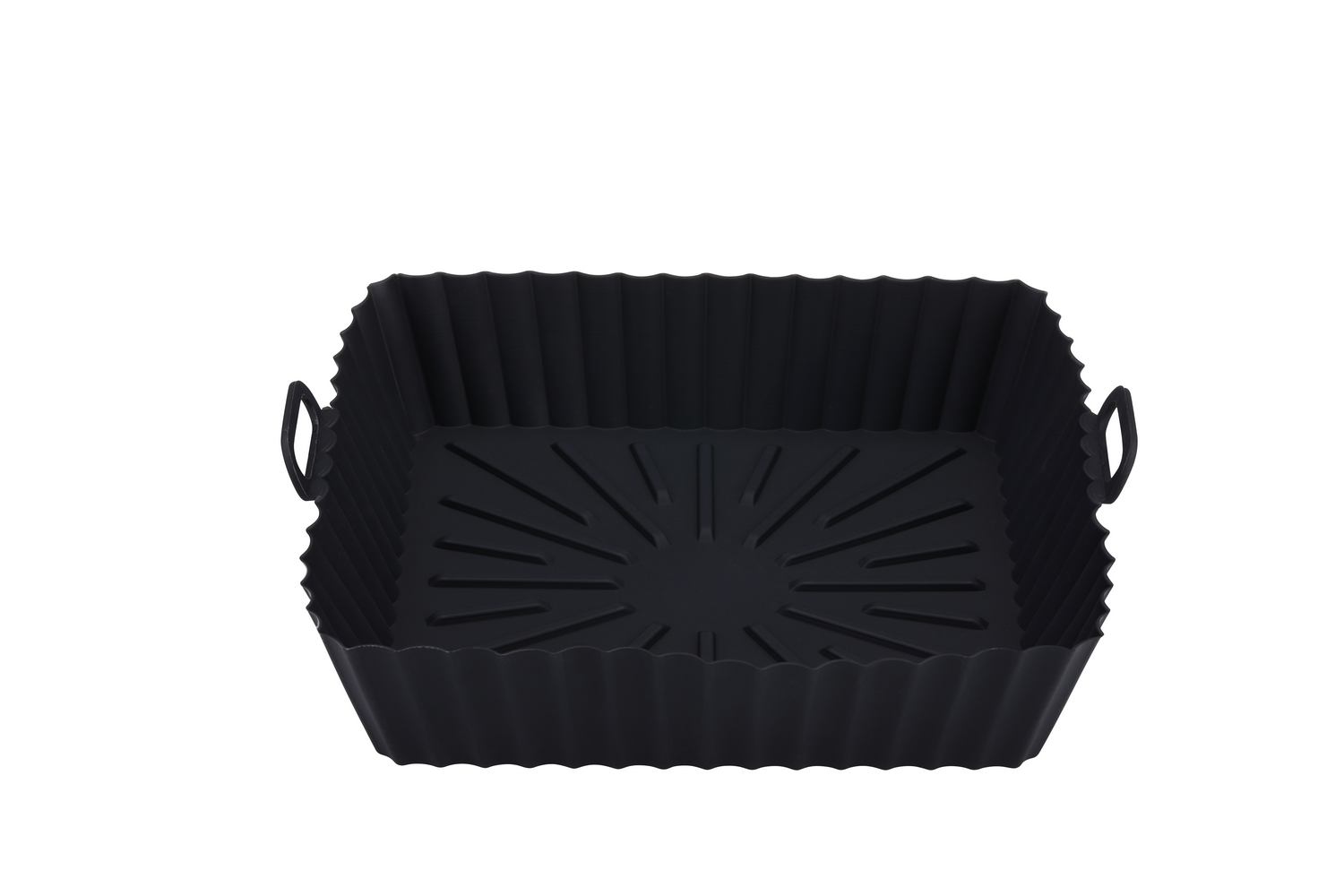 Cesta negra de freidora de aire con asas.
