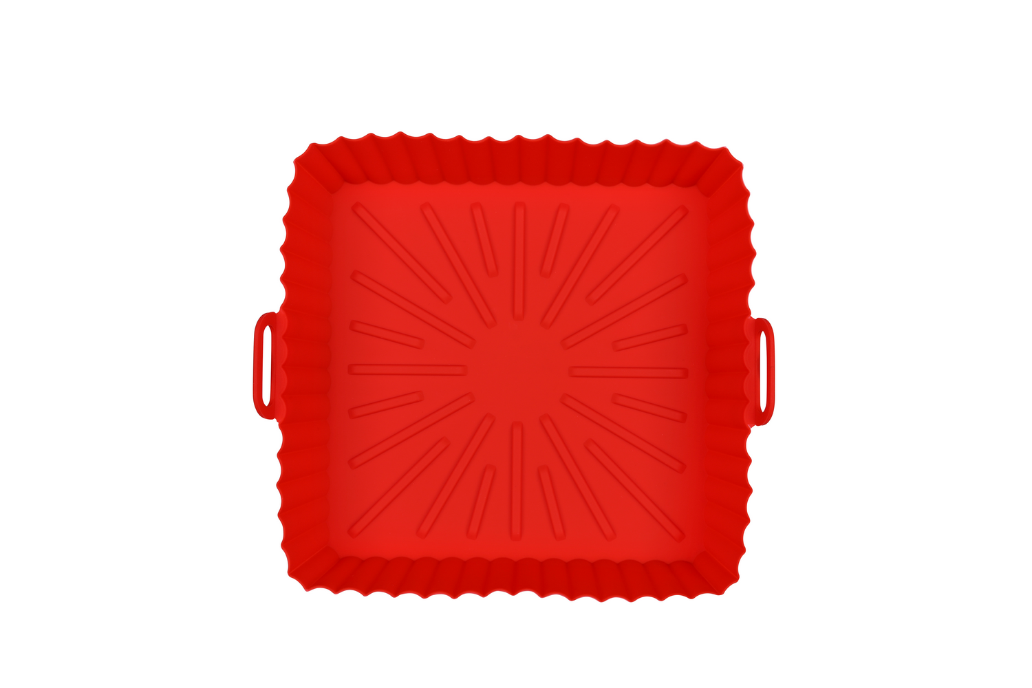 Cesta cuadrada de silicona roja para freidora de aire con asas, vista superior sobre fondo blanco.