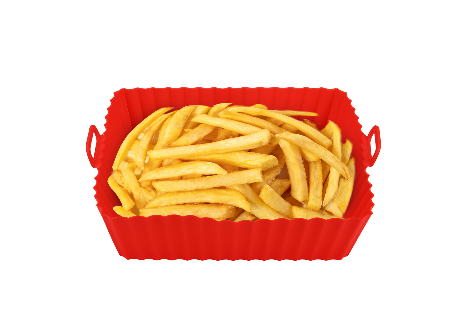 Contenedor de silicona rojo lleno de patatas fritas doradas sobre fondo blanco.
