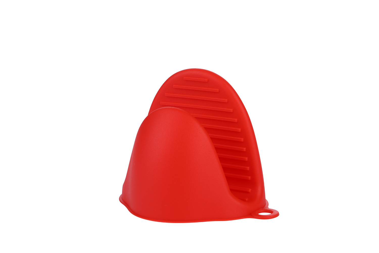 Un guante de horno rojo sobre un fondo blanco, con un lazo para colgar.